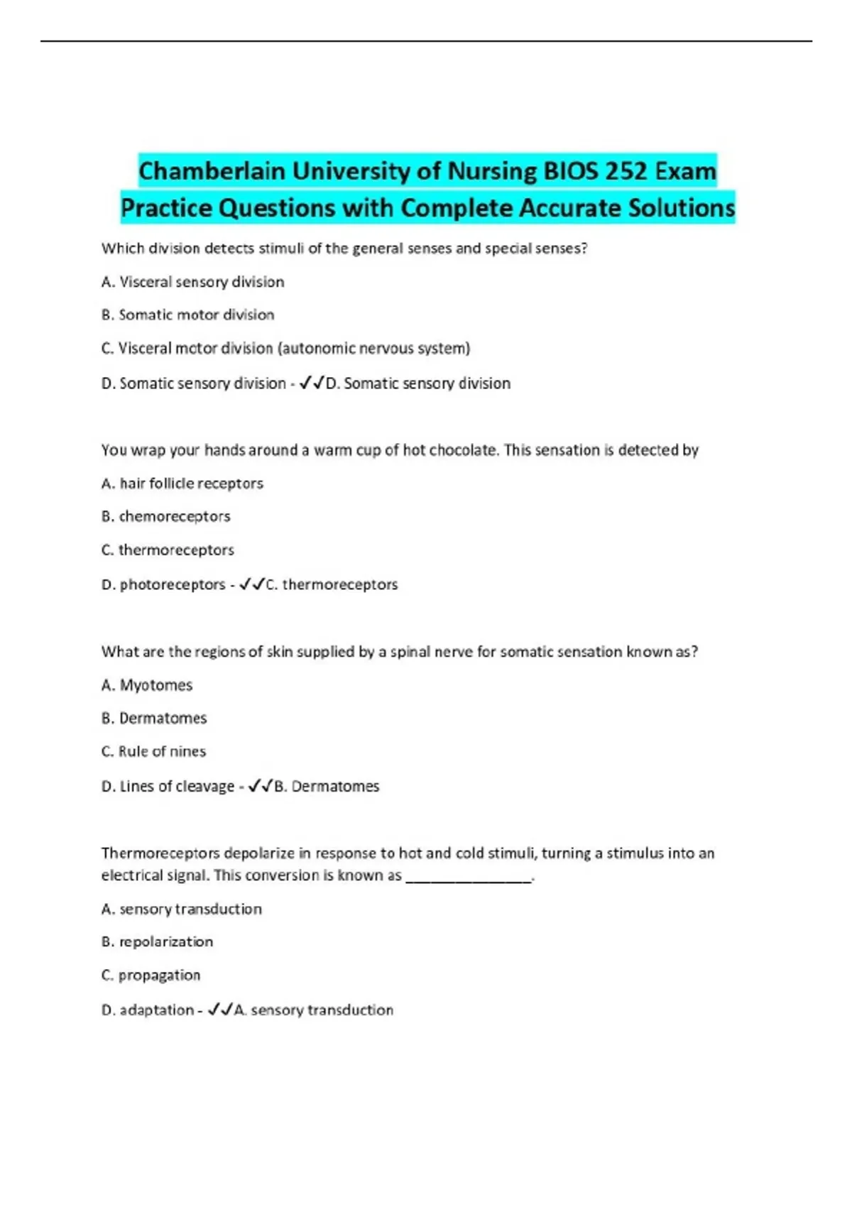 Chamberlain University of Nursing BIOS 252 Exam Practice Questions with ...