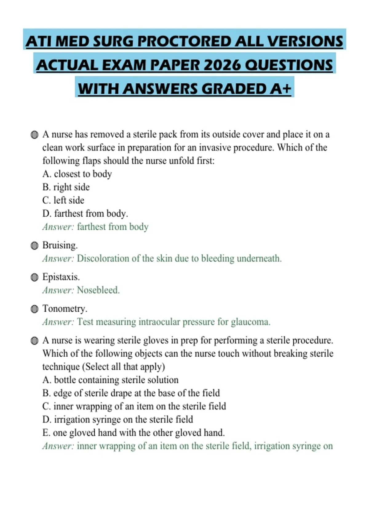 ATI MED SURG PROCTORED ALL VERSIONS ACTUAL EXAM PAPER 2026 QUESTIONS ...