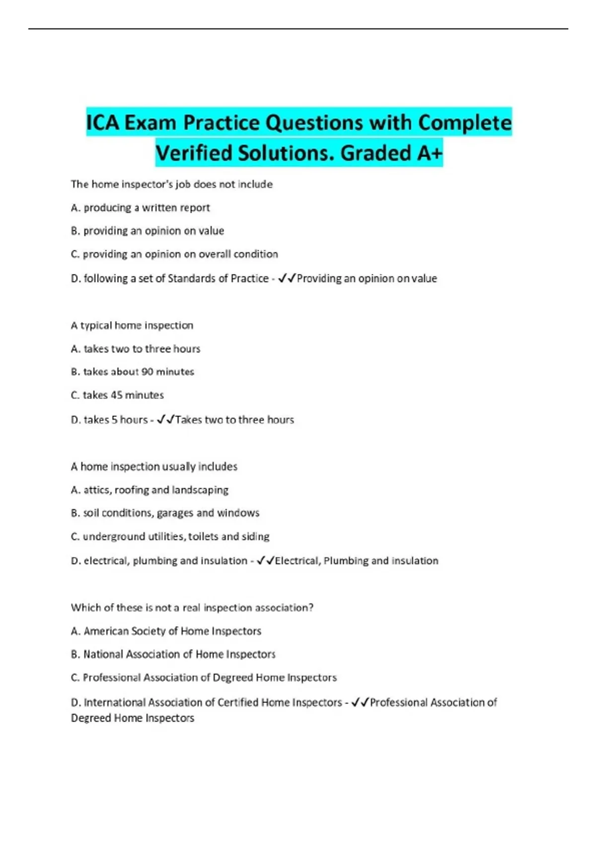 ICA Exam Practice Questions with Complete Verified Solutions. Graded A+ ...