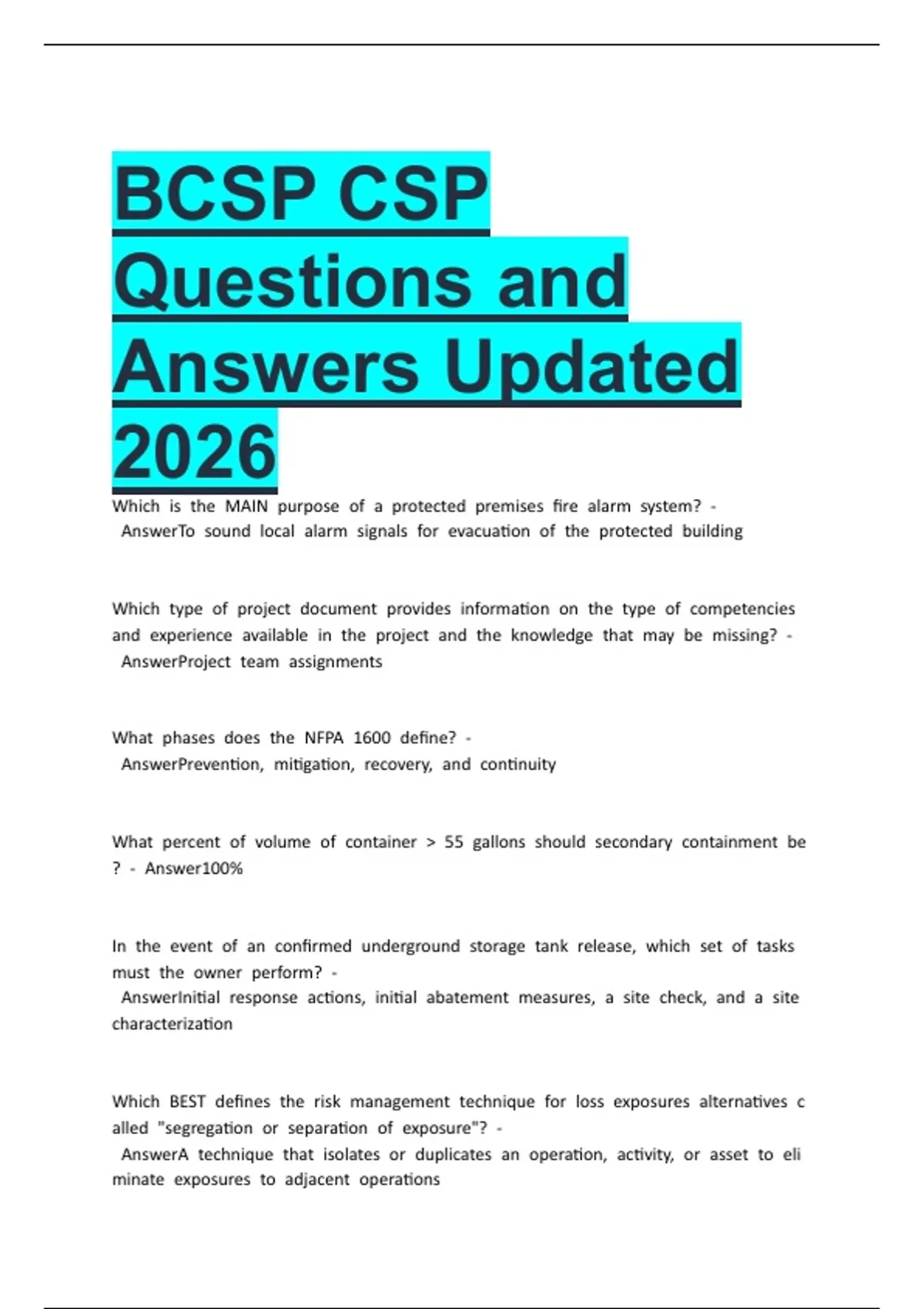 Ncsp Rcsp BCSP CSP Questions and Answers Updated 2026 - Bcsp - Stuvia US