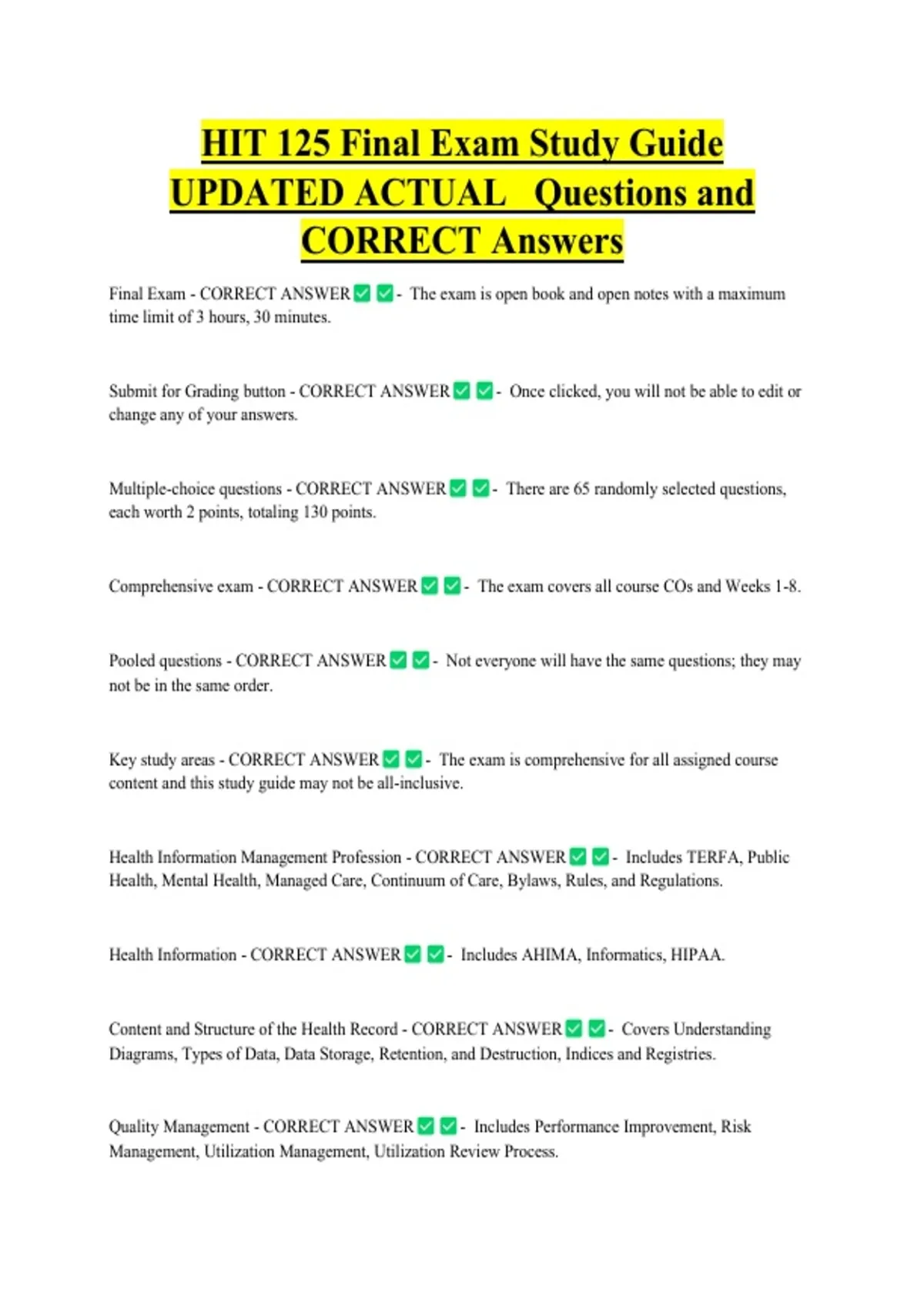 HIT 125 Final Exam Study Guide UPDATED ACTUAL Questions and CORRECT ...