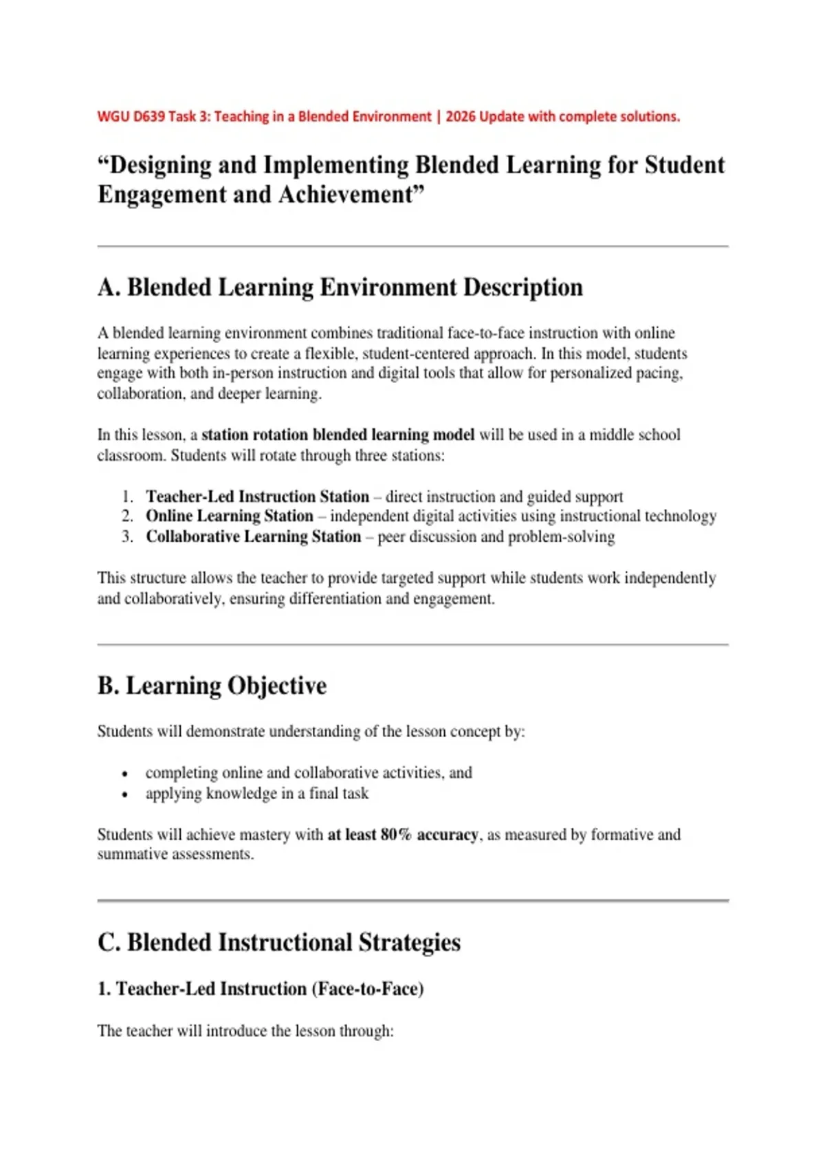 WGU D639 Task 3: Teaching in a Blended Environment | 2026 Update with ...