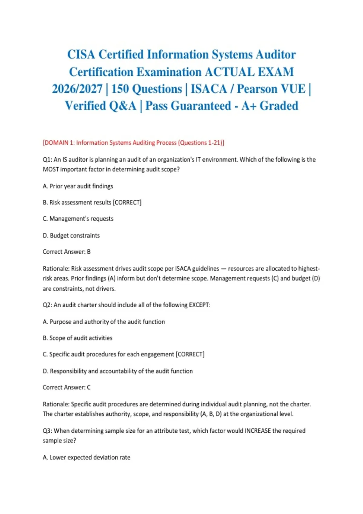 CISA Certified Information Systems Auditor Certification Examination ...