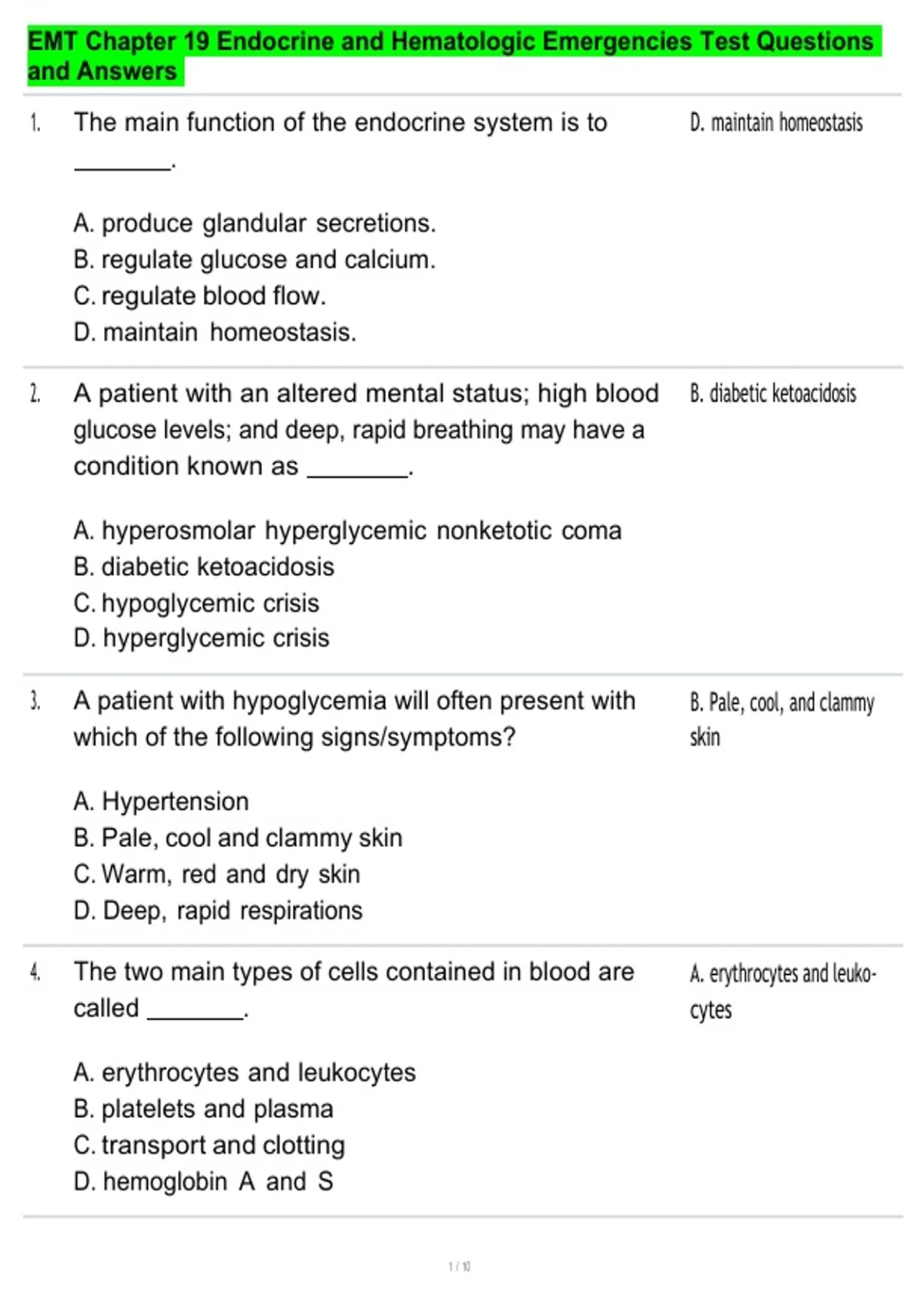 EMT Chapter 19 Endocrine and Hematologic Emergencies Test Questions and ...