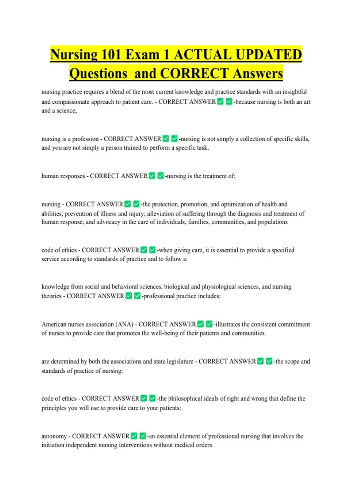 Nursing 101 Exam 1 ACTUAL UPDATED Questions and CORRECT Answers ...
