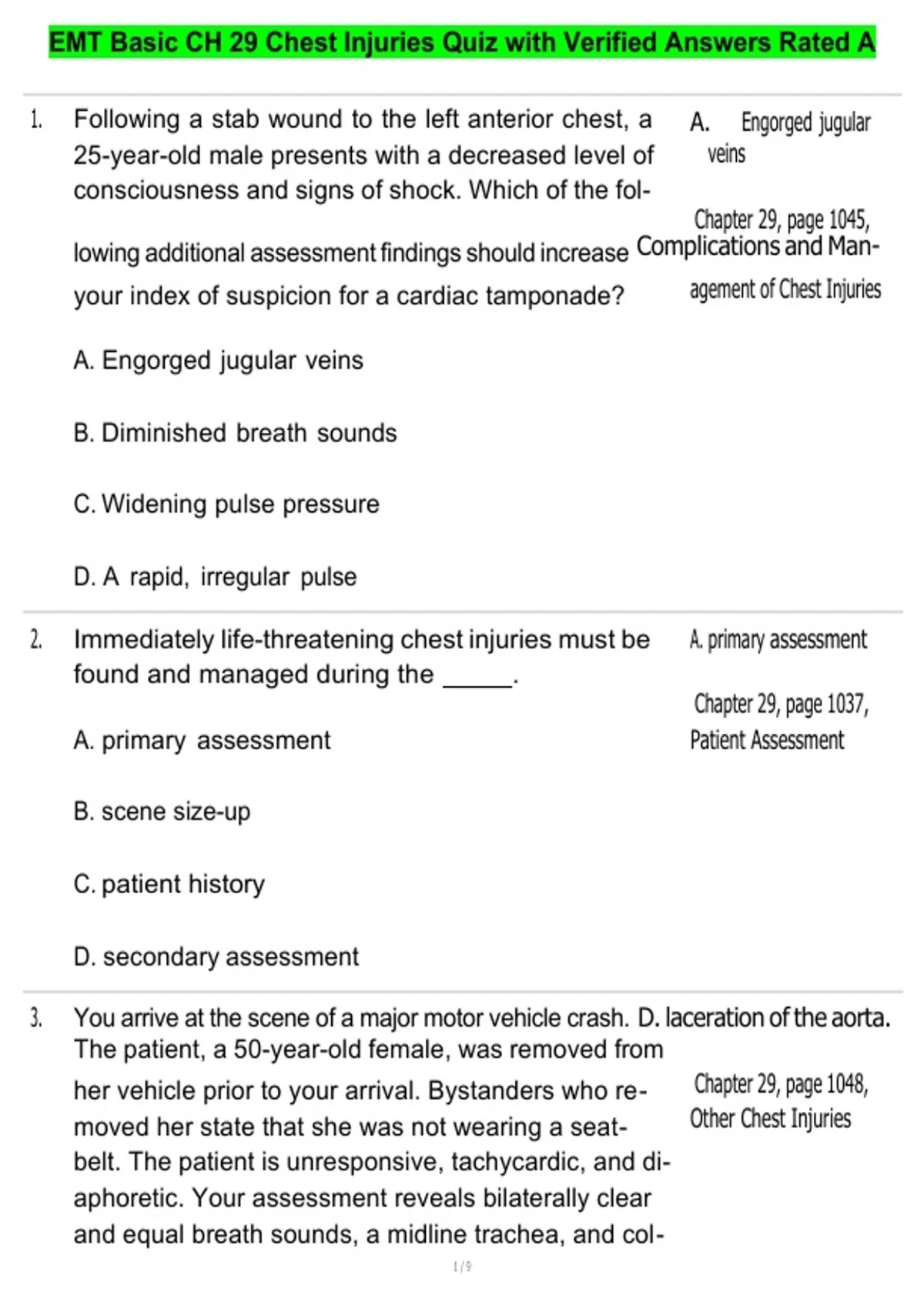 EMT Basic CH 29 Chest Injuries Quiz with Verified Answers Rated A - EMT ...
