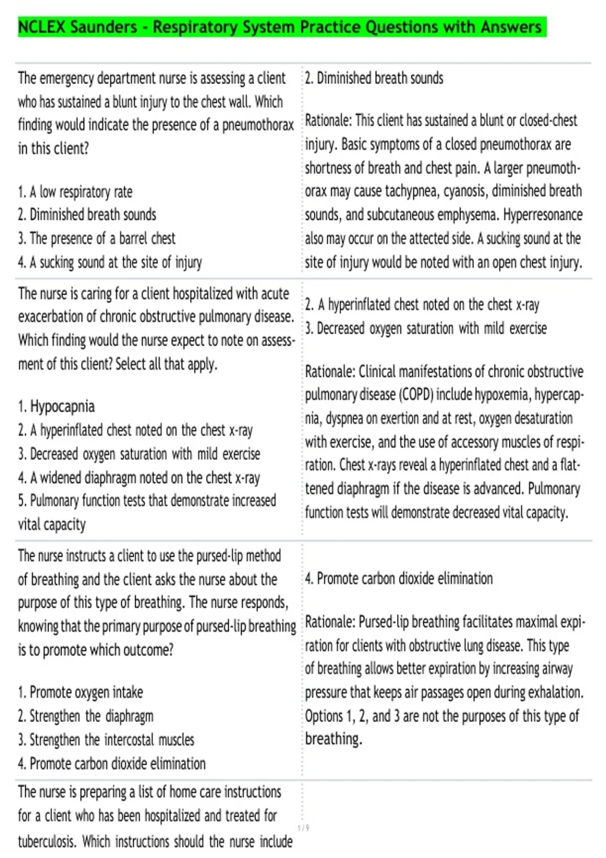 NCLEX Saunders - Respiratory System Practice Questions with Answers ...