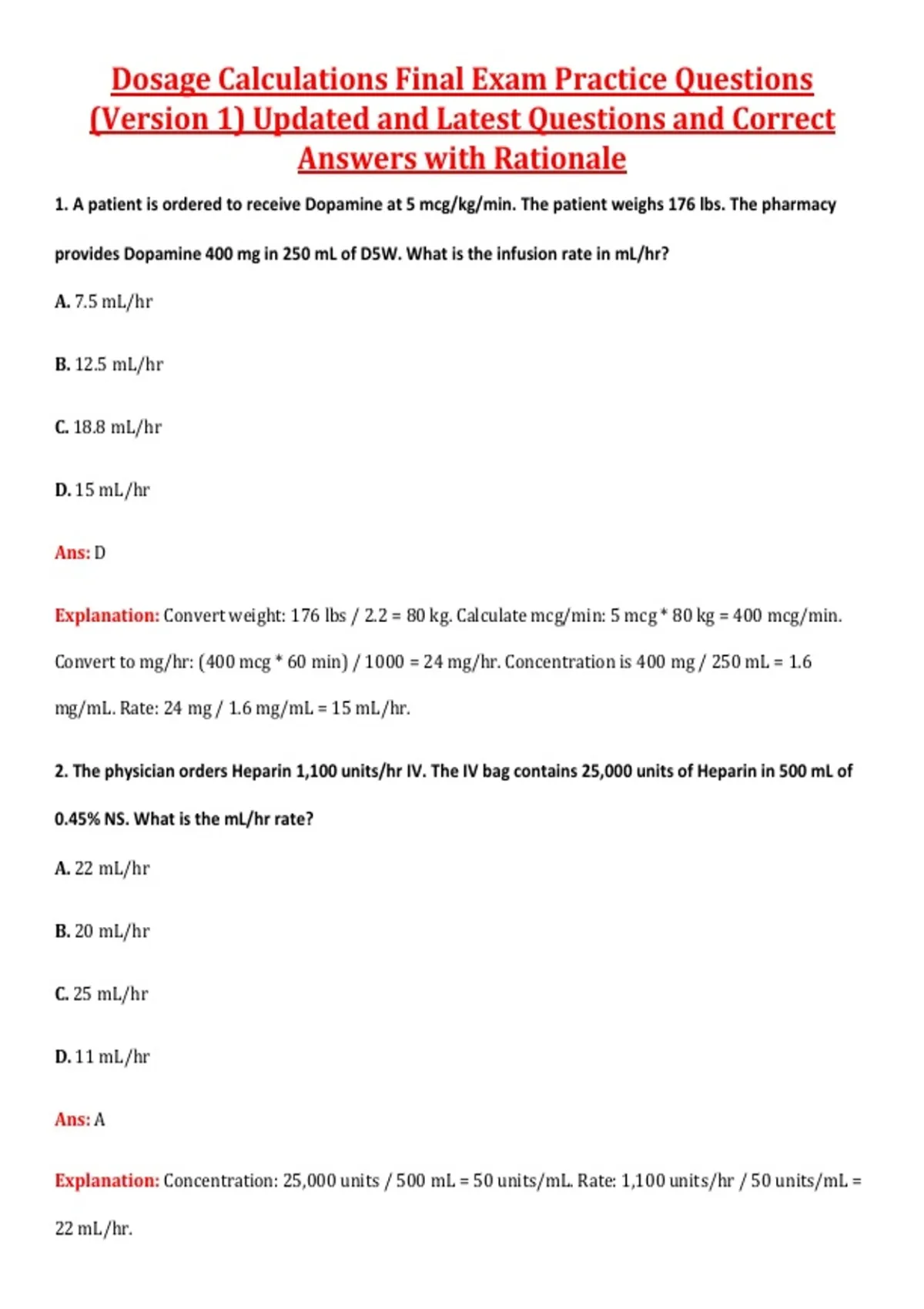 Dosage Calculations Final Exam Practice Questions (Version 1) Updated ...