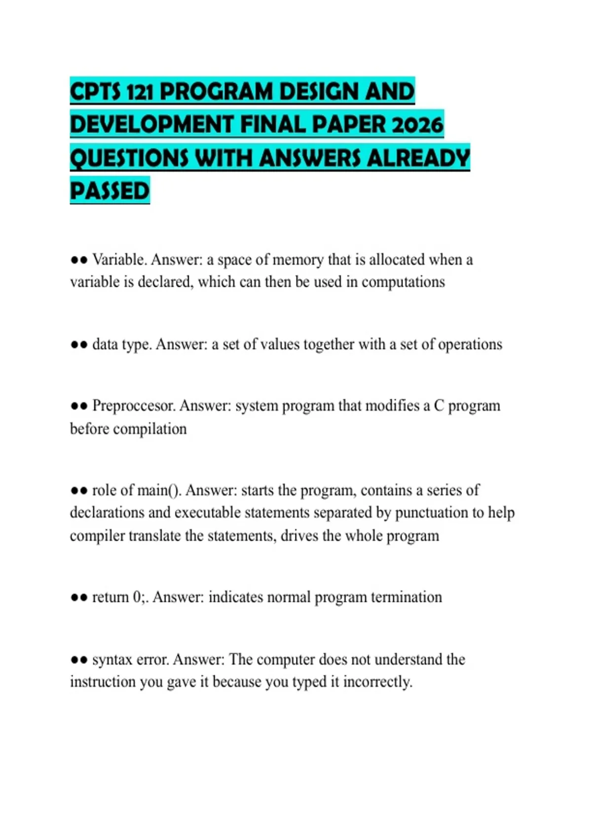 CPTS 121 PROGRAM DESIGN AND DEVELOPMENT FINAL PAPER 2026 QUESTIONS WITH ...