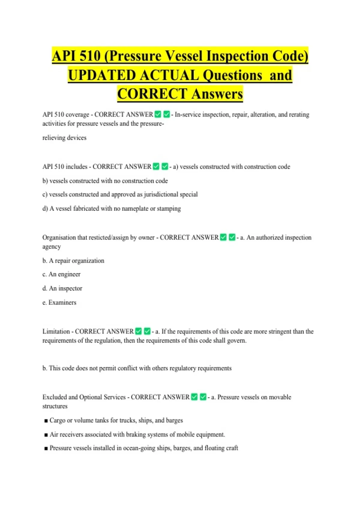 API 510 (Pressure Vessel Inspection Code) UPDATED ACTUAL Questions and ...