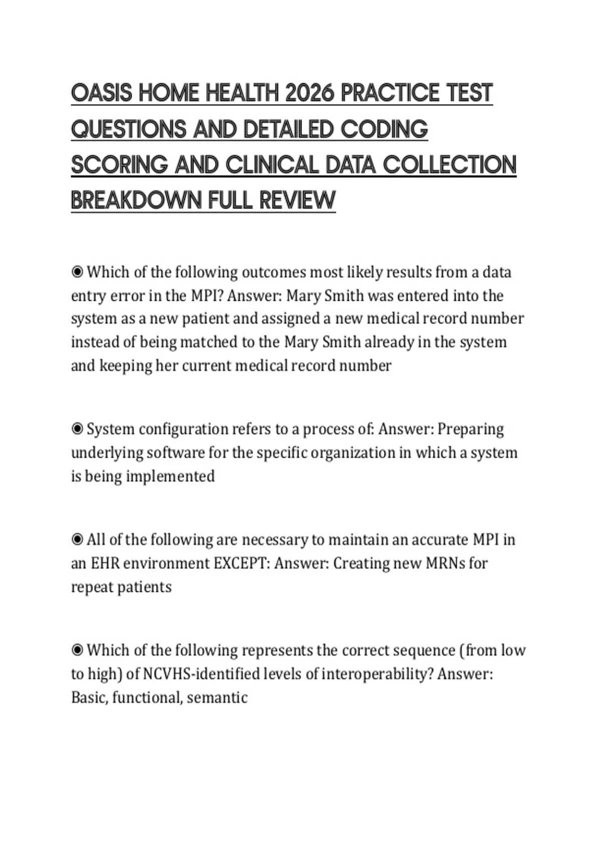 OASIS HOME HEALTH 2026 PRACTICE TEST QUESTIONS AND DETAILED CODING ...