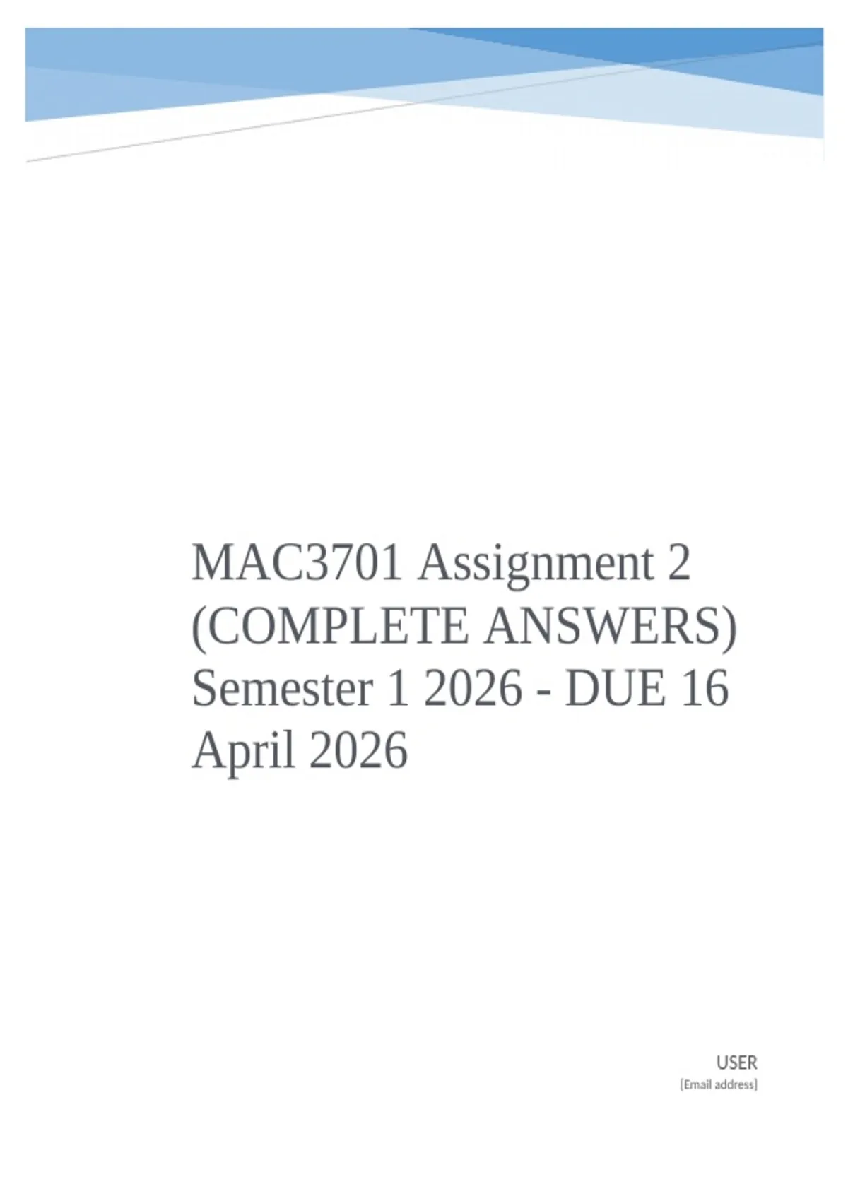 MAC3701 Assignment 2 (COMPLETE ANSWERS) Semester 1 2026 - DUE 16 April ...