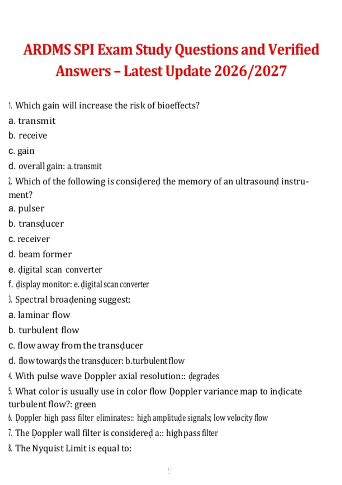 ARDMS SPI Exam Study Questions and Verified Answers – Latest 2026/2027 Complete Study Guide ...