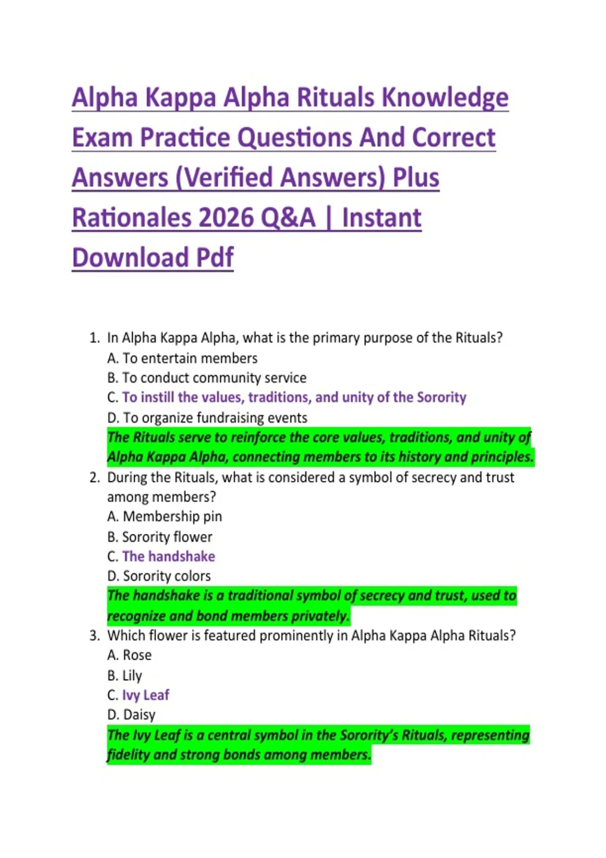 Alpha Kappa Alpha Rituals Knowledge Exam Practice Questions And Correct ...