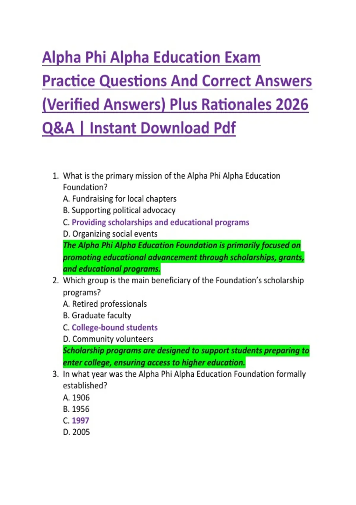 Alpha Phi Alpha Education Exam Practice Questions And Correct Answers ...