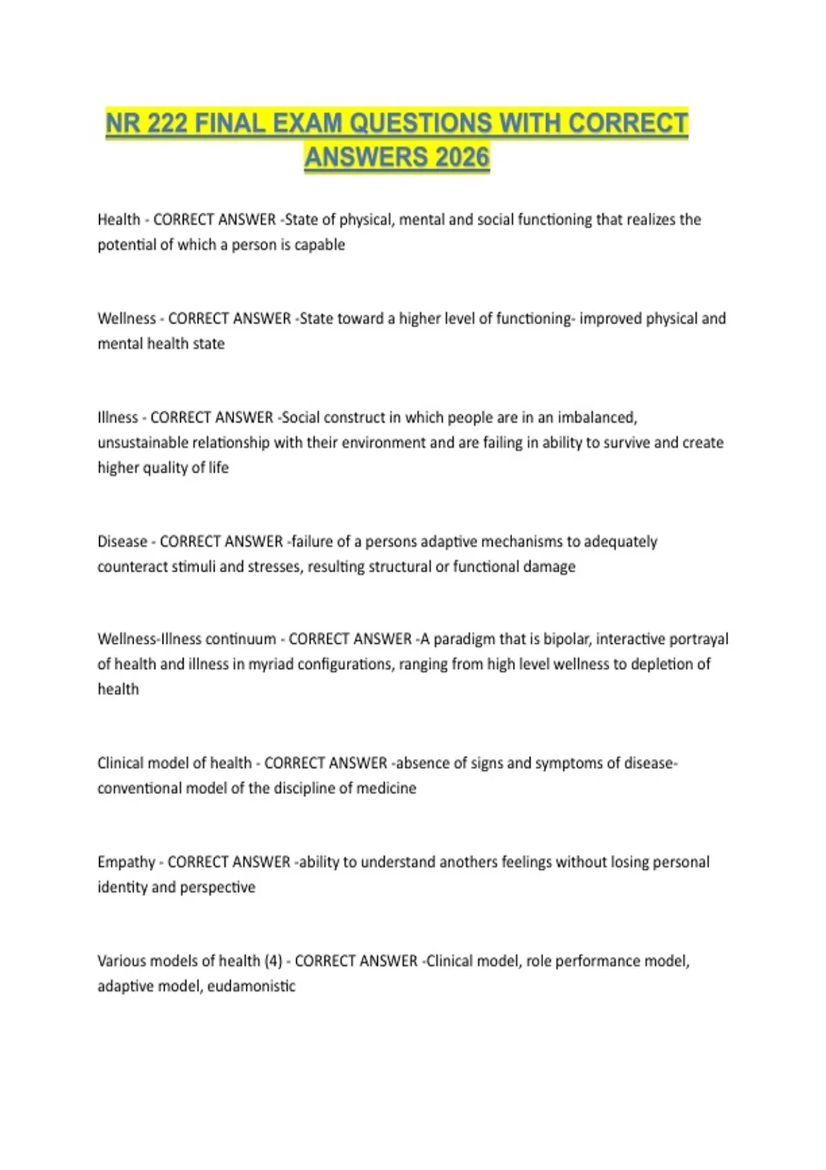 NR 222 FINAL EXAM QUESTIONS WITH CORRECT ANSWERS 2026 - NR 222 - Stuvia US