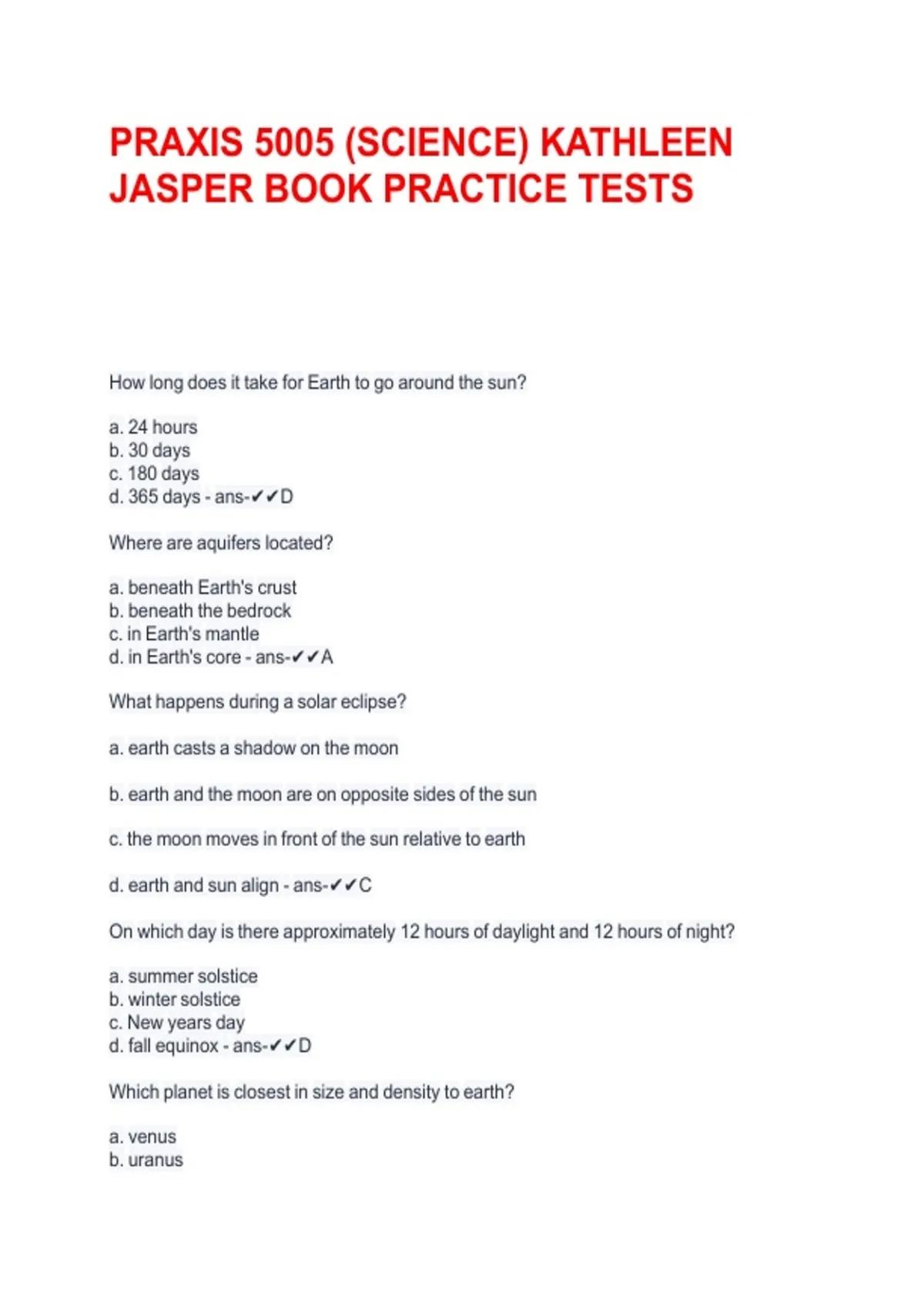 PRAXIS 5005: PRACTICE TEST QUESTIONS - PRAXIS 5005 SCIENCE ETS - Stuvia US