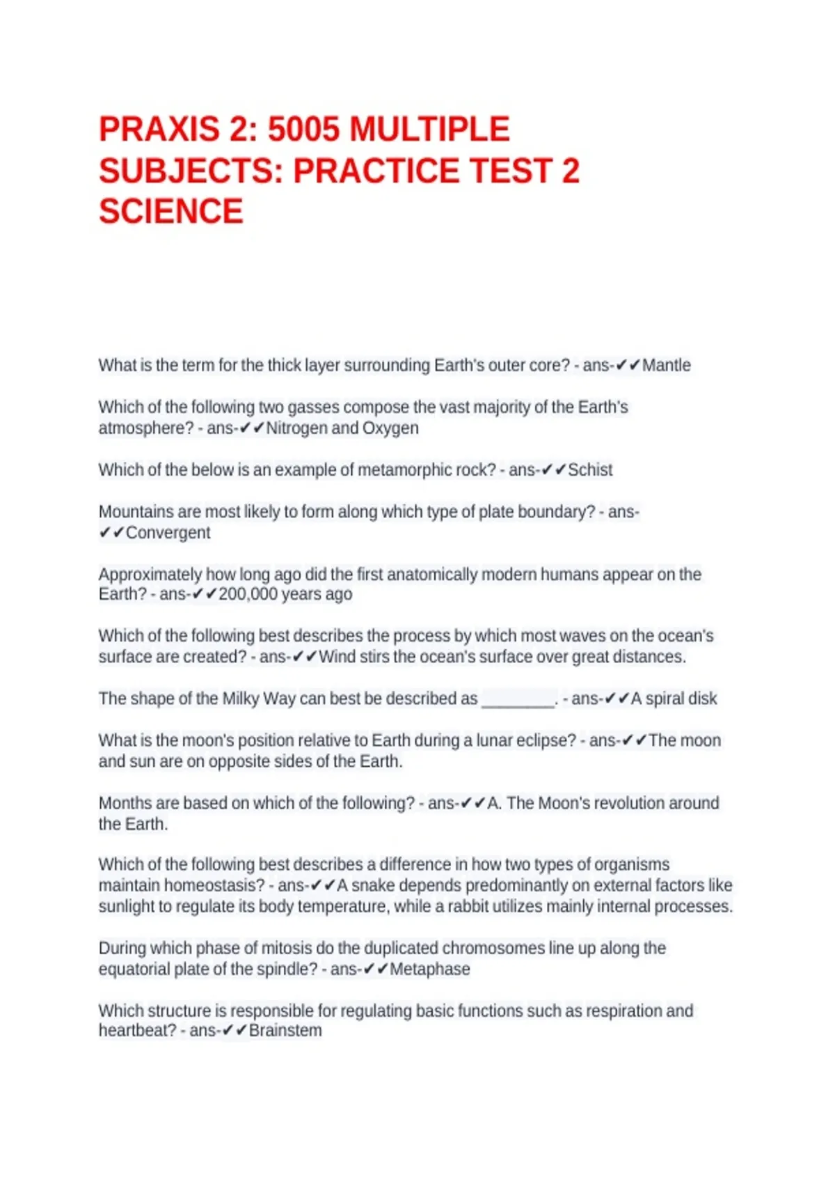 PRAXIS 2: 5005 MULTIPLE SUBJECTS: PRACTICE TEST 2 SCIENCE - PRAXIS 5005 ...
