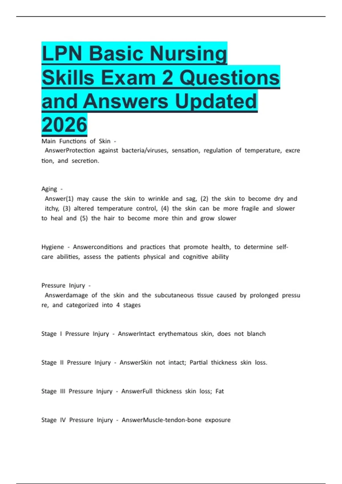LPN Basic Nursing Skills Exam 2 Questions and Answers Updated 2026 ...