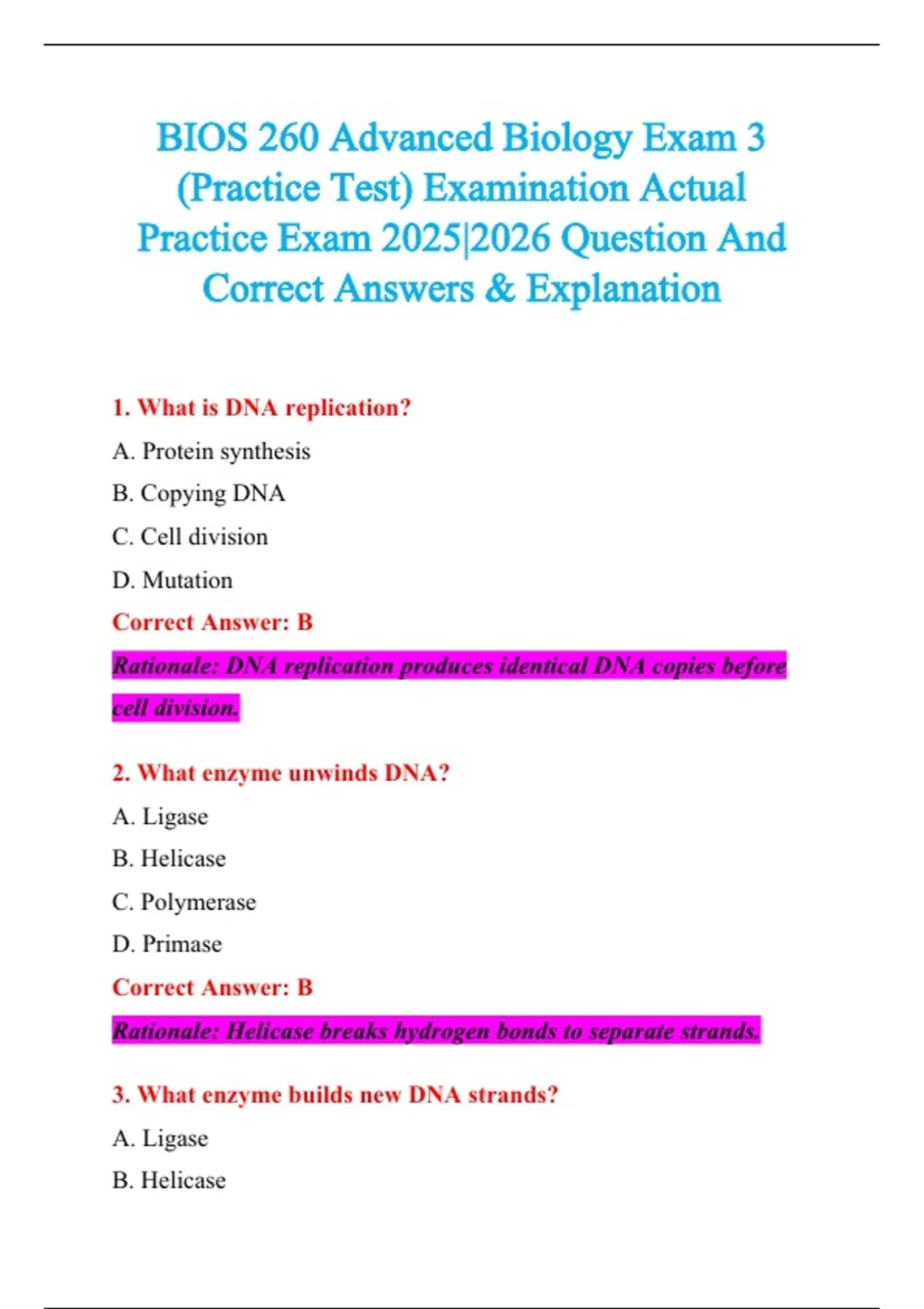 BIOS 260 Advanced Biology Exam (Practice Test) Examination Actual ...