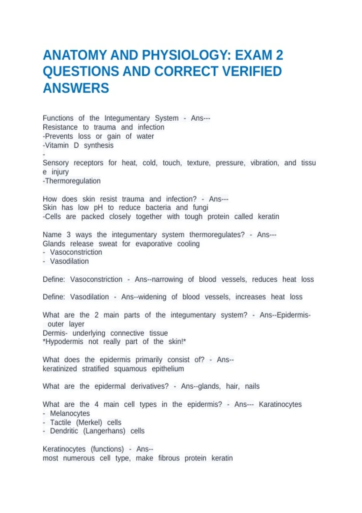 ANATOMY AND PHYSIOLOGY: EXAM 2 QUESTIONS AND CORRECT VERIFIED ANSWERS ...