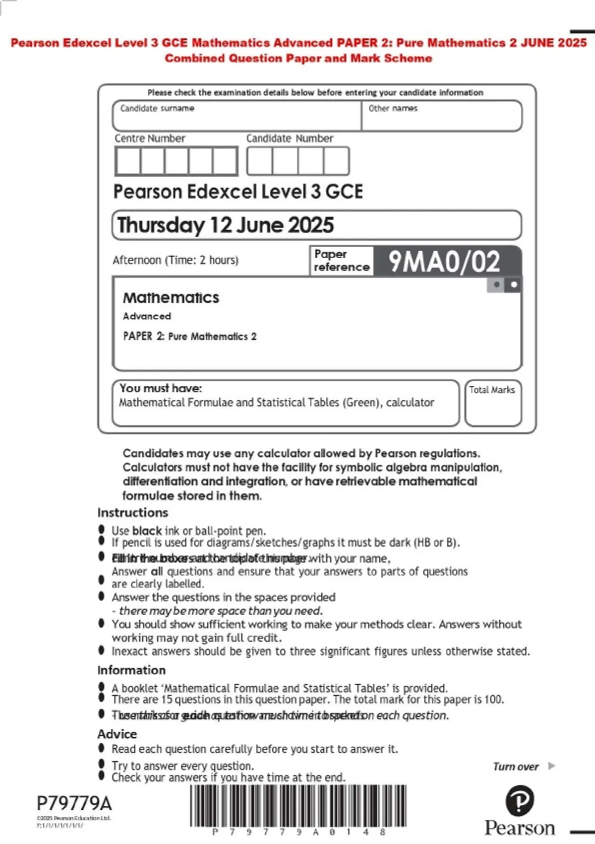 Pearson Edexcel Level 3 GCE Mathematics Advanced PAPER 2: Pure ...
