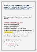 FLORIDA DENTAL LAW AND RULES EXAM  PRACTICE &vert; FREQUENTLY TESTED QUESTIONS  WITH CORRECT ANSWERS &vert; BRAND NEW&excl;