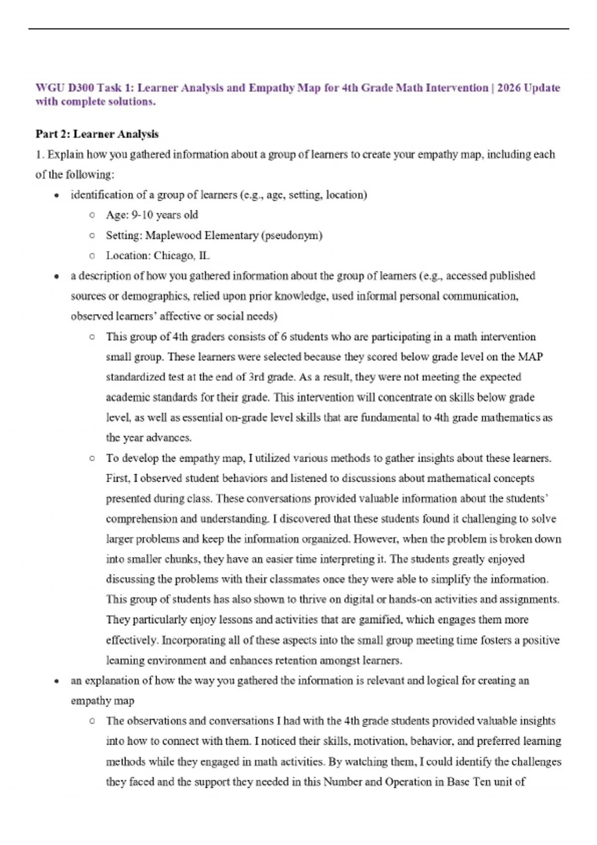 Wgu Math Methods Task 1 WGU D300 Task 1: Learner Analysis and Empathy Map for 4th Grade Math ...