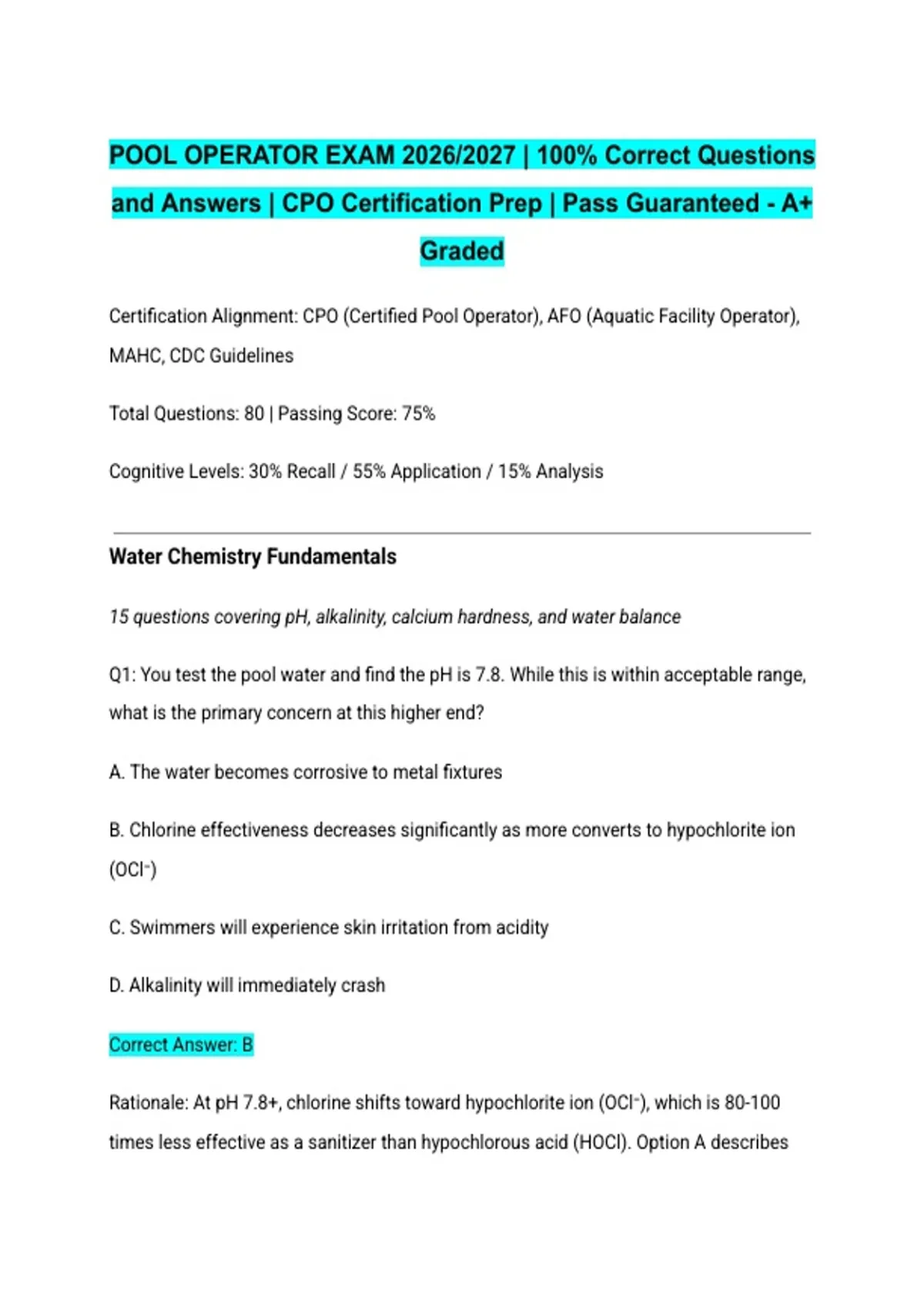 POOL OPERATOR EXAM 2026/2027 | 100% Correct Questions and Answers | CPO ...