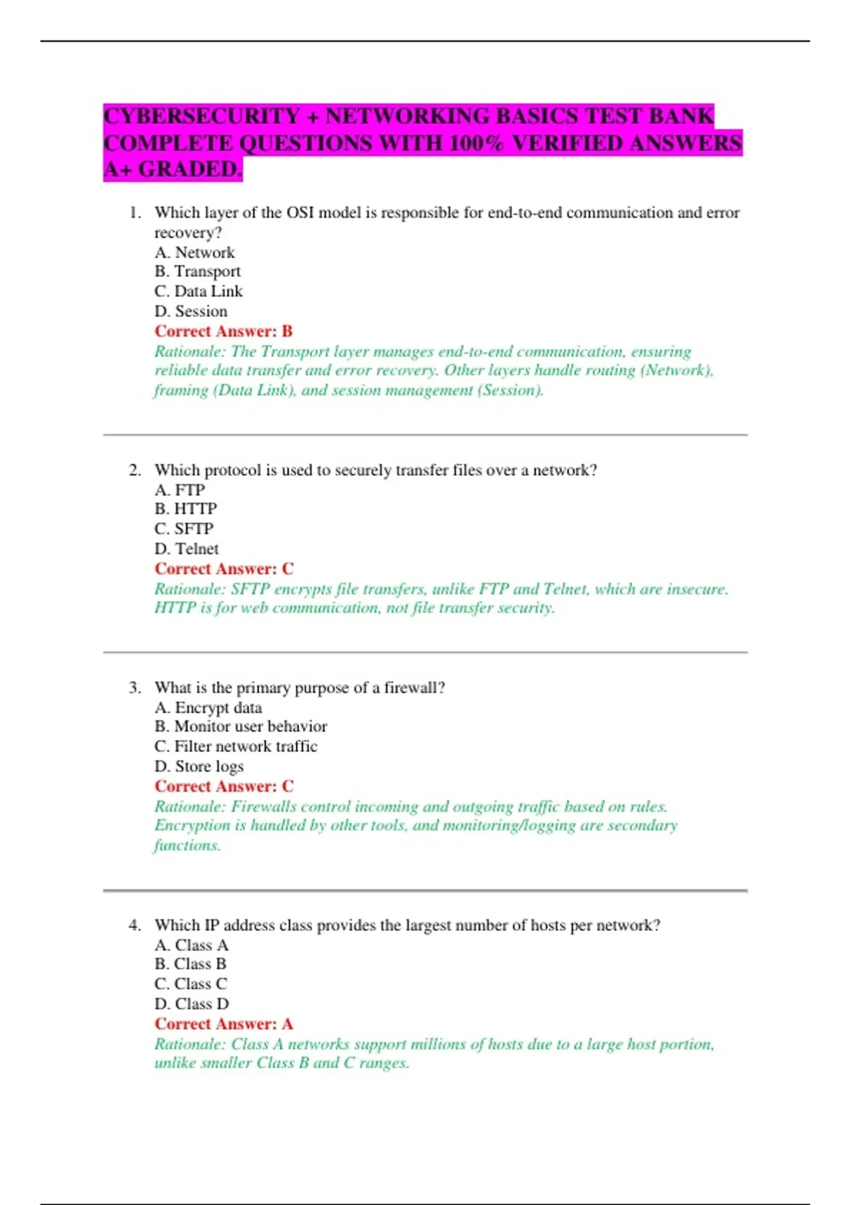 CYBERSECURITY + NETWORKING BASICS TEST BANK COMPLETE QUESTIONS WITH 100 ...