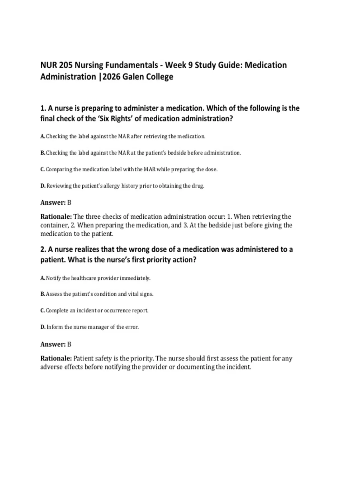 NUR 205 Nursing Fundamentals - Week 9 Study Guide: Medication ...