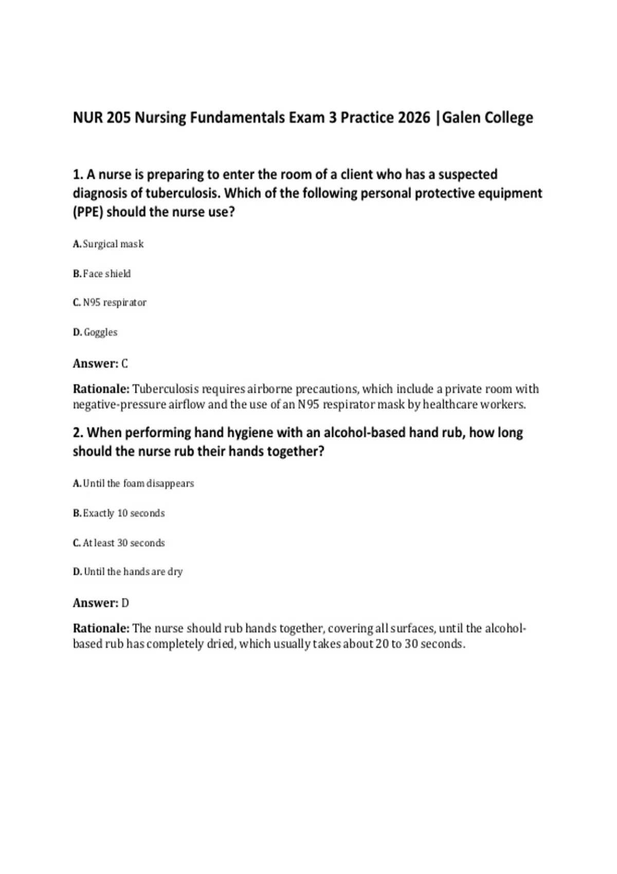 NUR 205 Nursing Fundamentals Exam 3 Practice 2026 |Galen College - NUR ...
