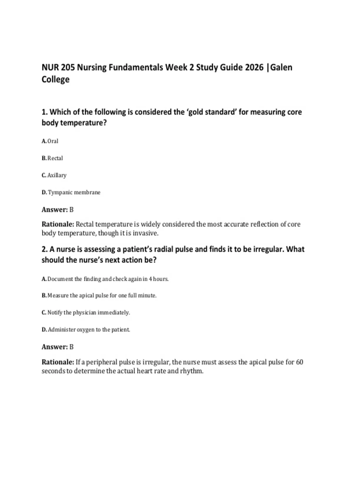 NUR 205 Nursing Fundamentals Week 2 Study Guide 2026 |Galen College ...