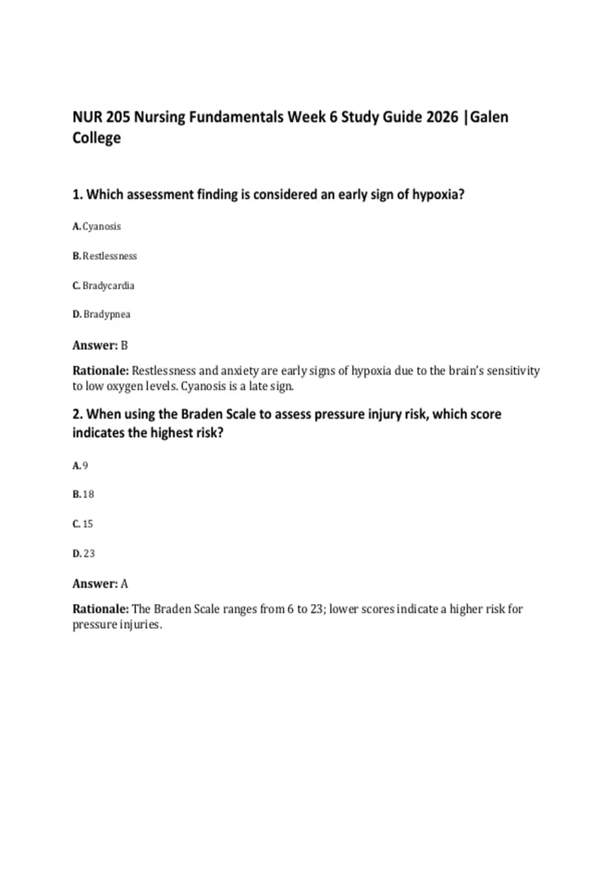 NUR 205 Nursing Fundamentals Week 6 Study Guide 2026 |Galen College ...