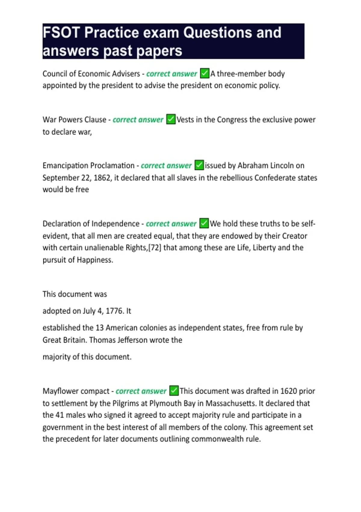 Fsot Example Questions Summary FSOT Practice exam Questions and answers past papers - FSOT ...