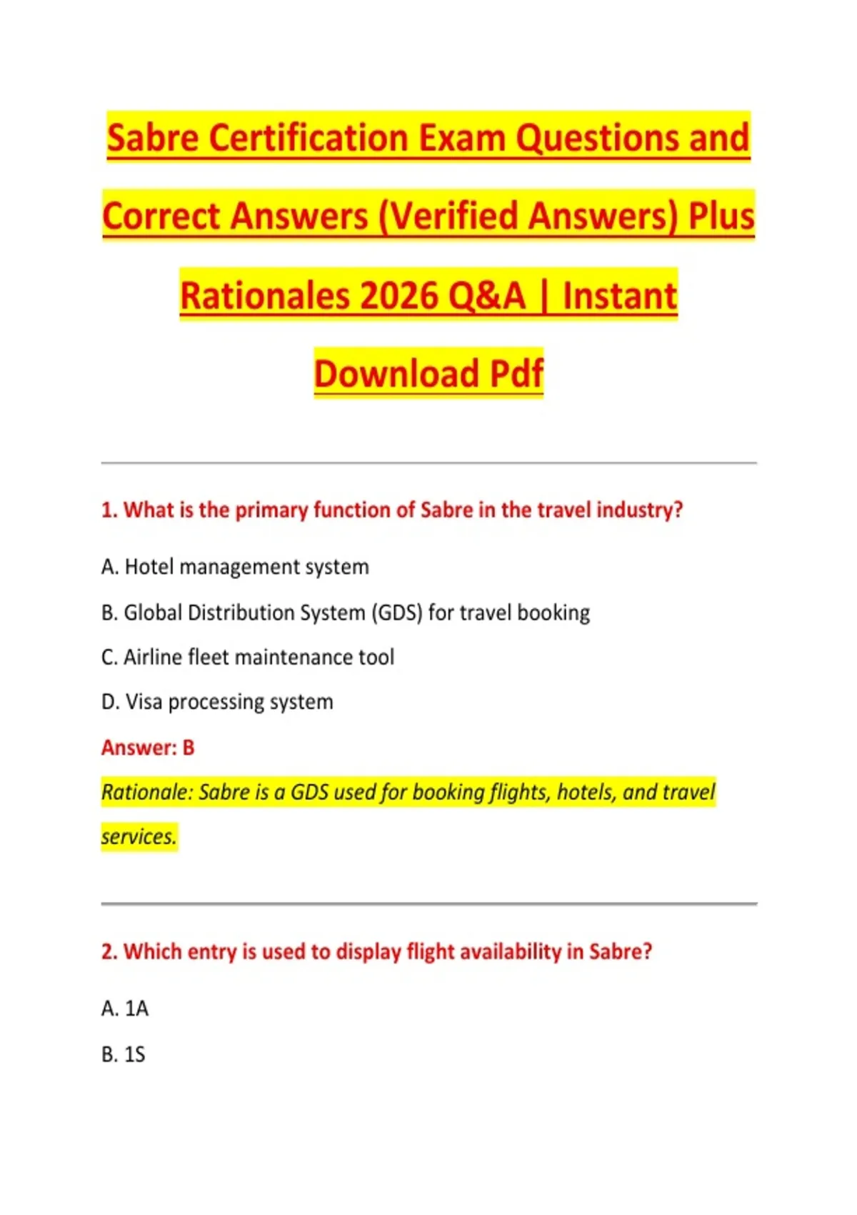 Sabre Training.pdf Sabre Certification Exam Questions and Correct Answers (Verified ...