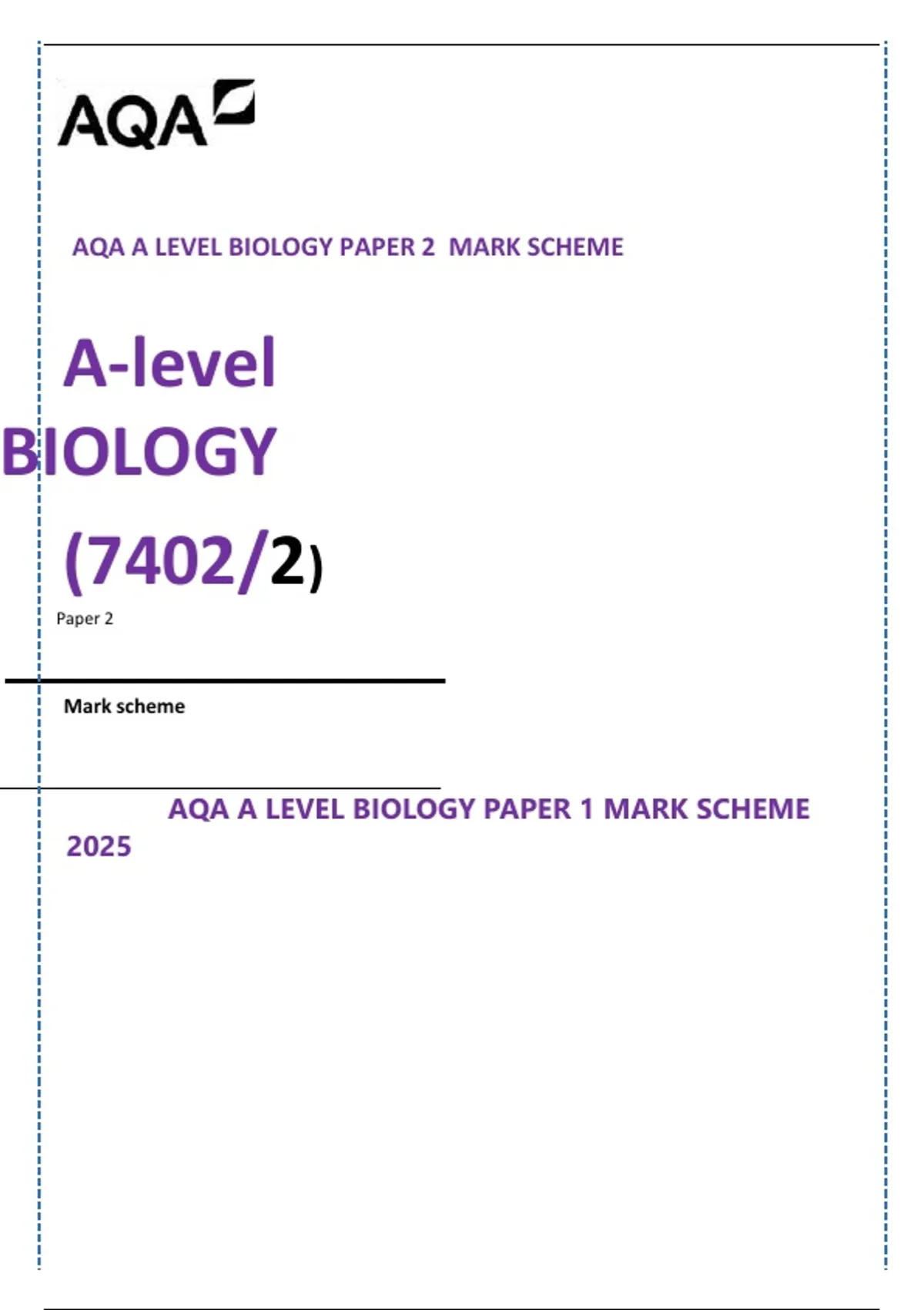 AQA A Level Biology Paper 2 Mark Scheme / 2026 Exam Prep Questions and ...