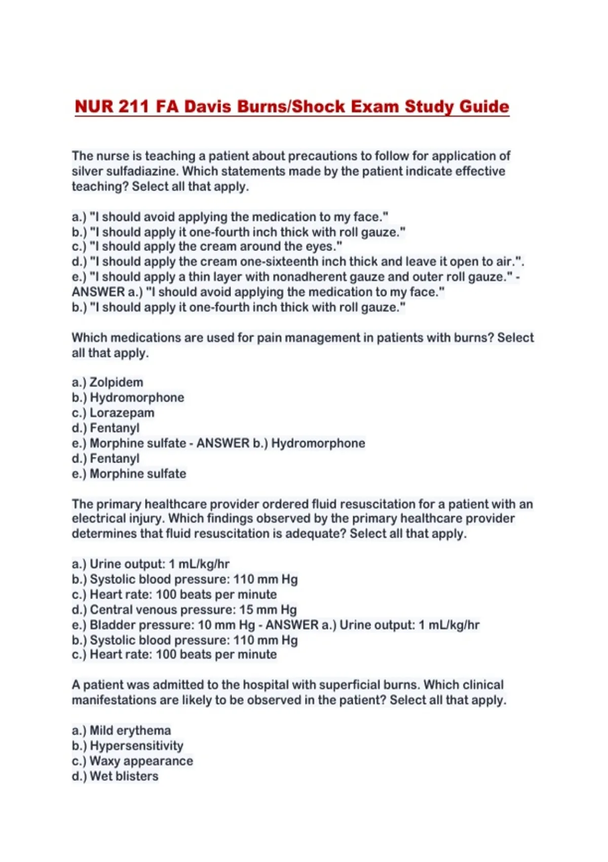 NUR 211 FA Davis Burns/Shock Exam Study Guide - NUR 211 - Stuvia US