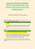  H&H FINAL EXAM TEST IN MENTAL HEALTH &lpar;Latest Update 2026 &sol; 2027&rpar; Questions with Correct Answers 100&percnt; Verified &lbrace;Grade A&rcub;