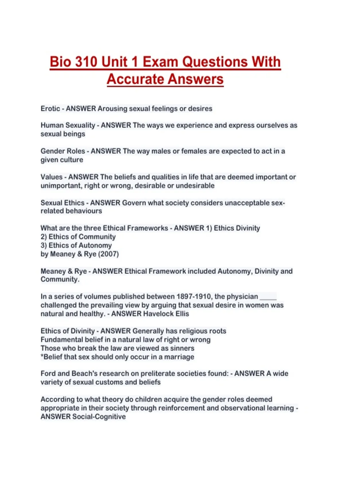 Bio 310 Unit 1 Exam Questions With Accurate Answers - Bio 310 - Stuvia US