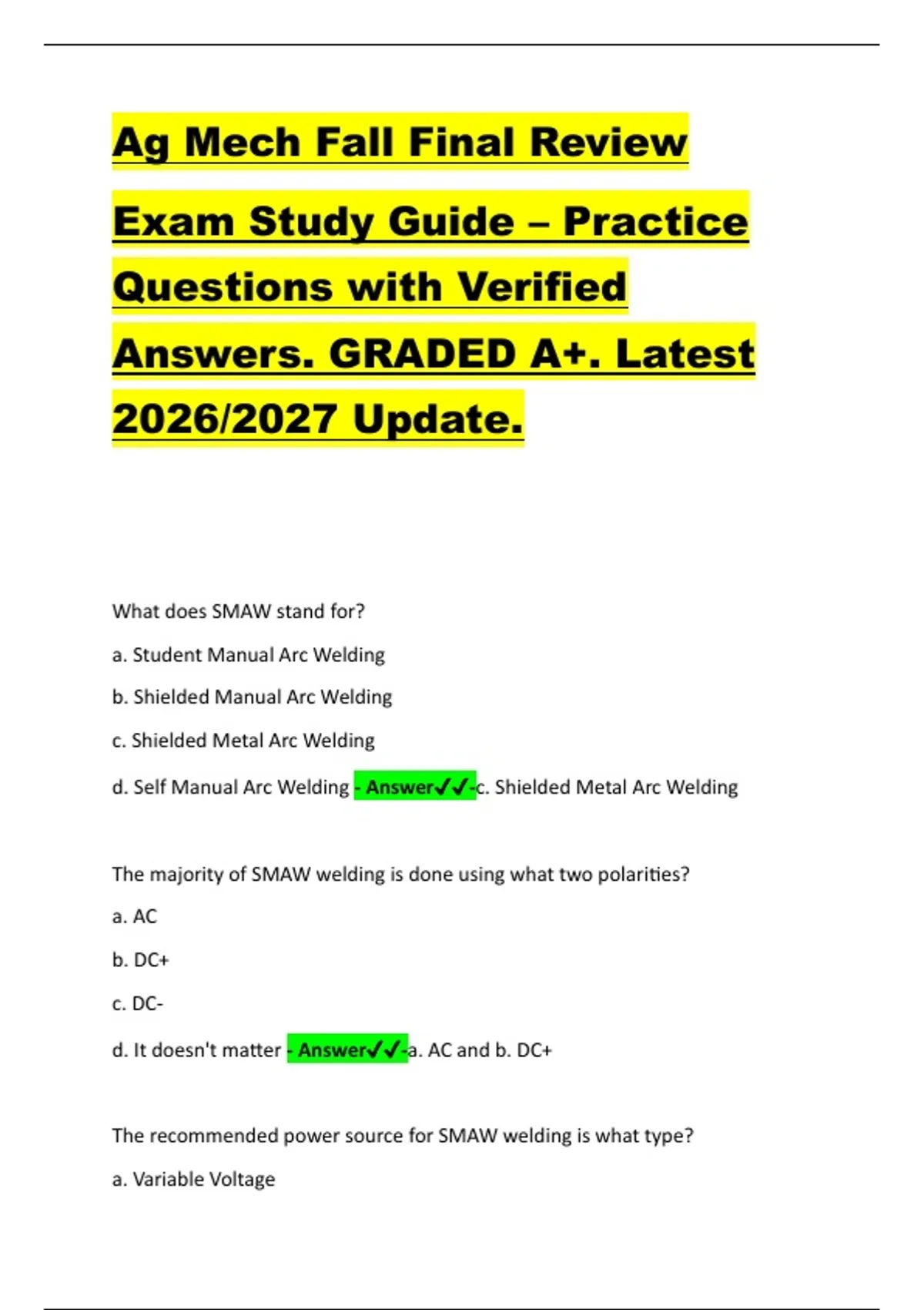 Ag Mech Fall Final Review Exam Study Guide – Practice Questions with ...