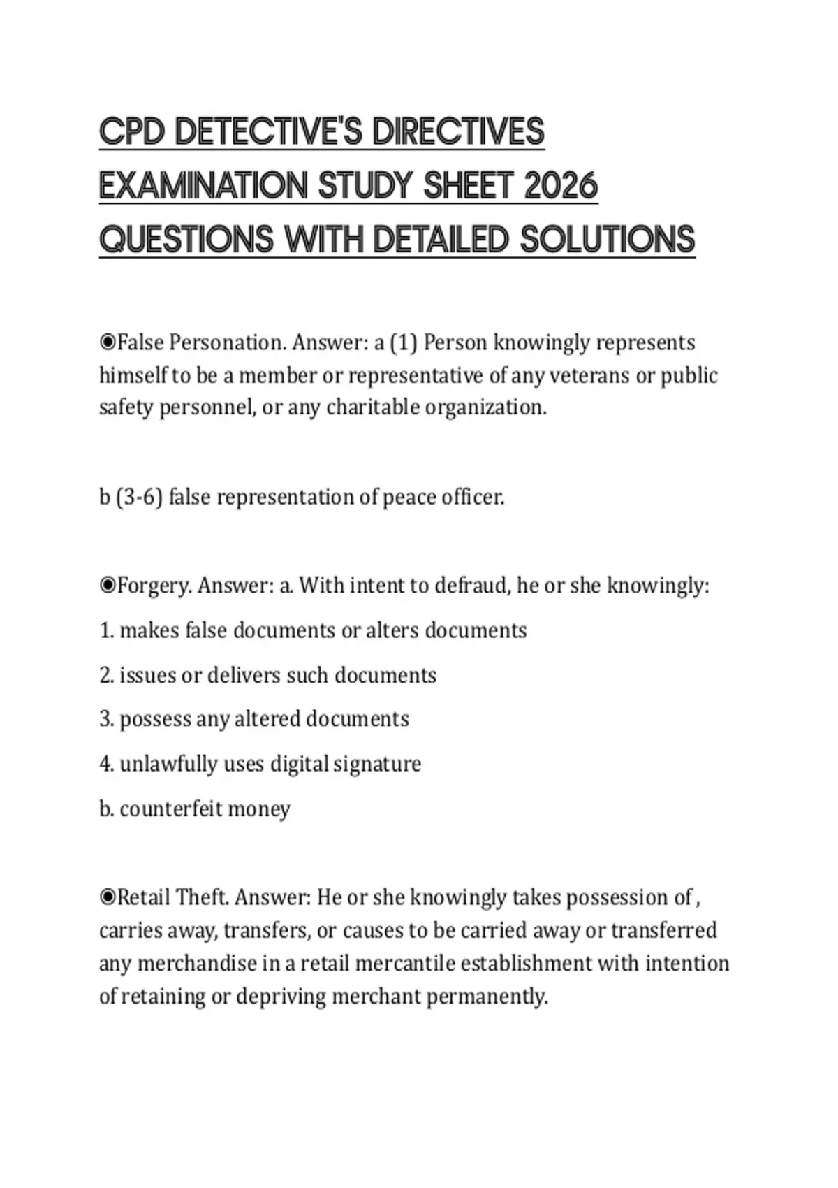 Detailed Questions CPD DETECTIVE'S DIRECTIVES EXAMINATION STUDY SHEET 2026 QUESTIONS WITH ...