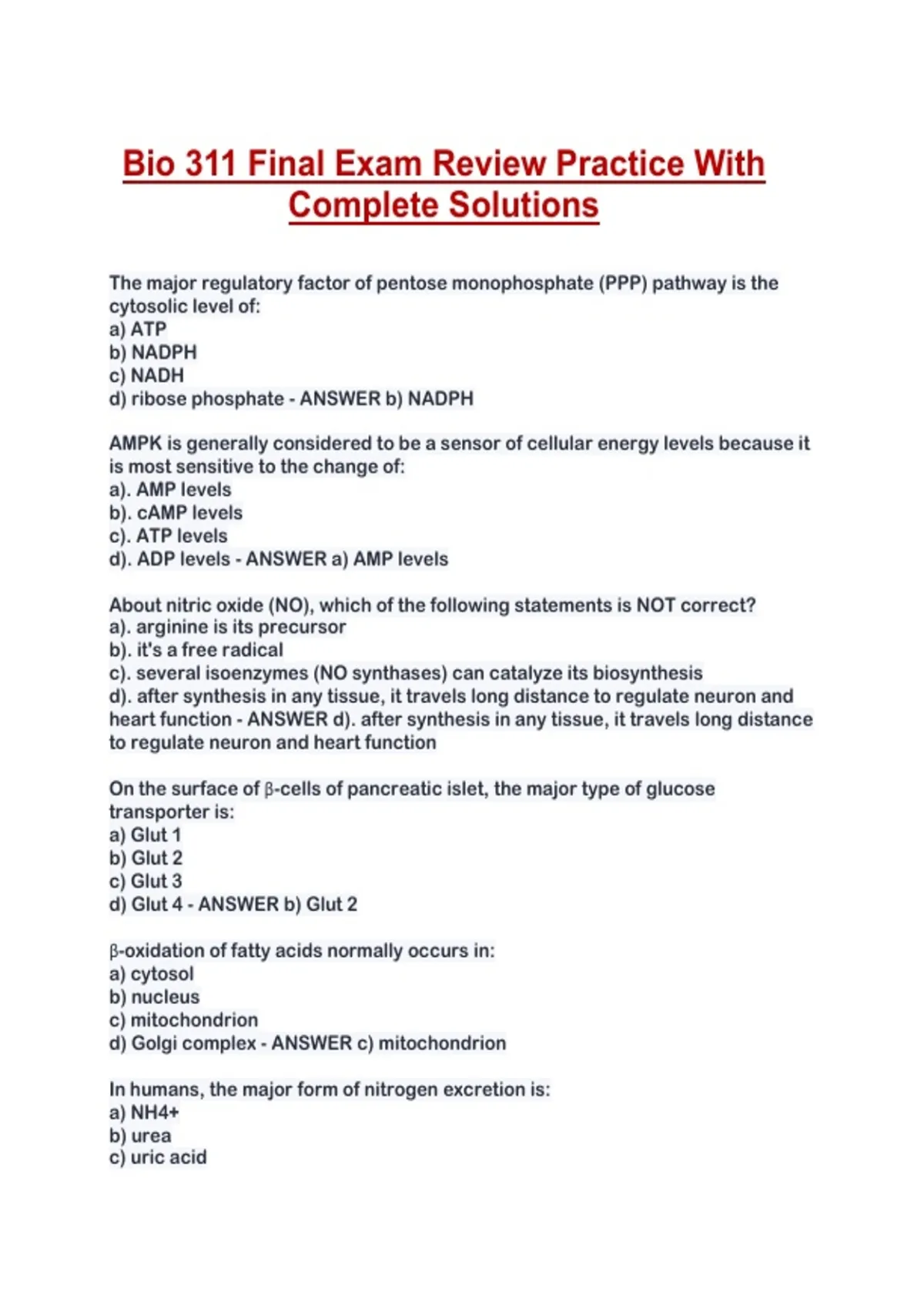 Bio 311 Final Exam Review Practice With Complete Solutions - Bio 311 ...