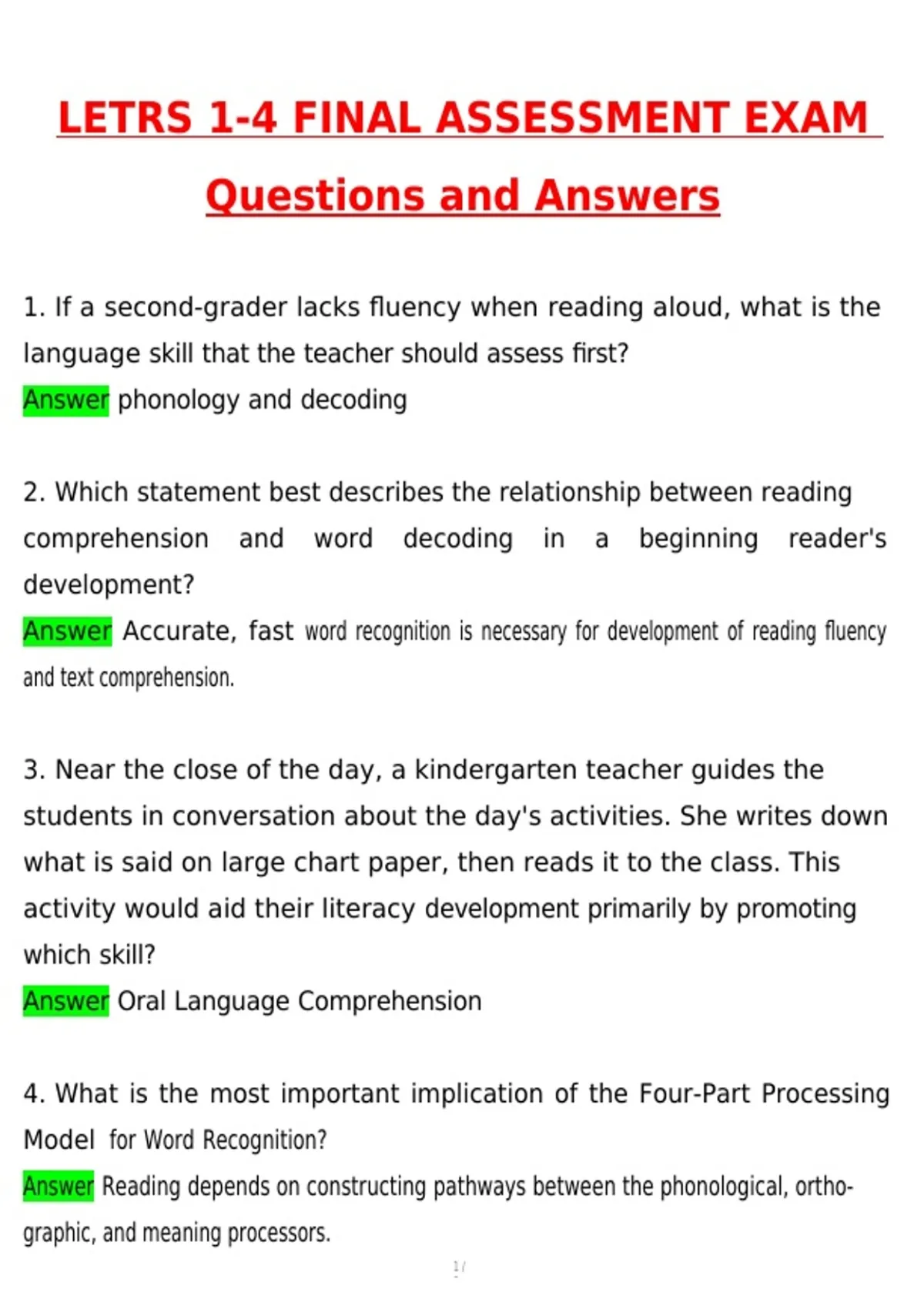 LETRS 1-4 Final Assessment Exam 2026 Actual Newest Questions and Correct Answers (Latest 2026 / ...