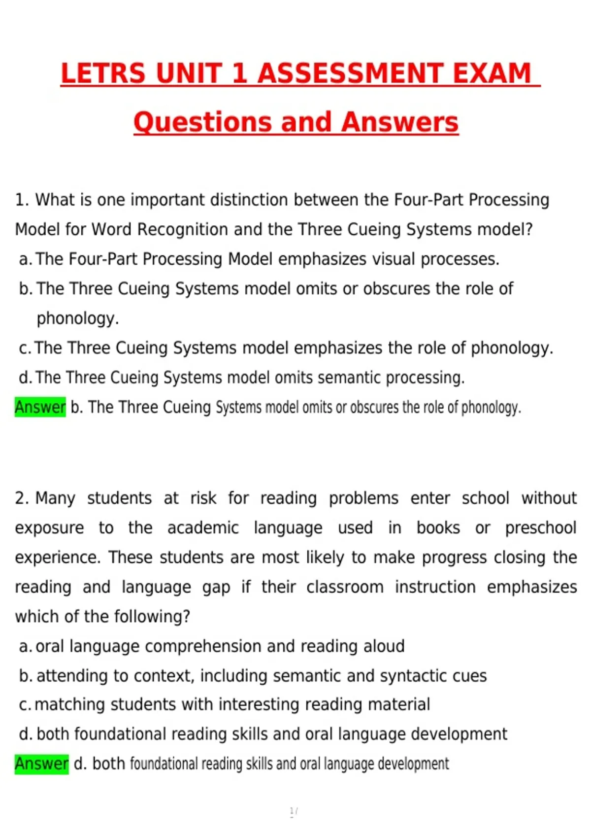 LETRS Unit 1 Assessment Exam 2026 Actual Newest Questions and Correct Answers (Latest 2026 / ...