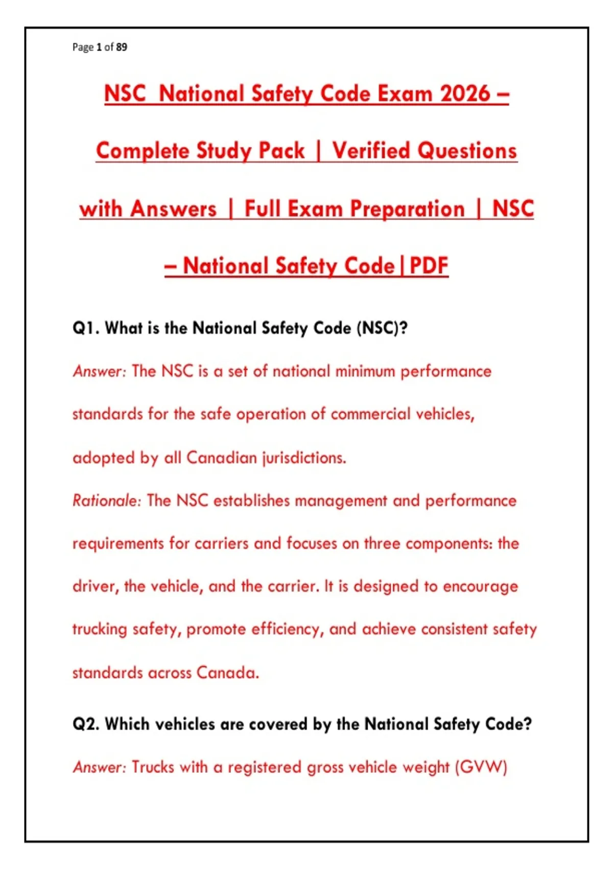 Nsc Code NSC National Safety Code Exam 2026 – 200+ Verified Q&As | Pass First ...