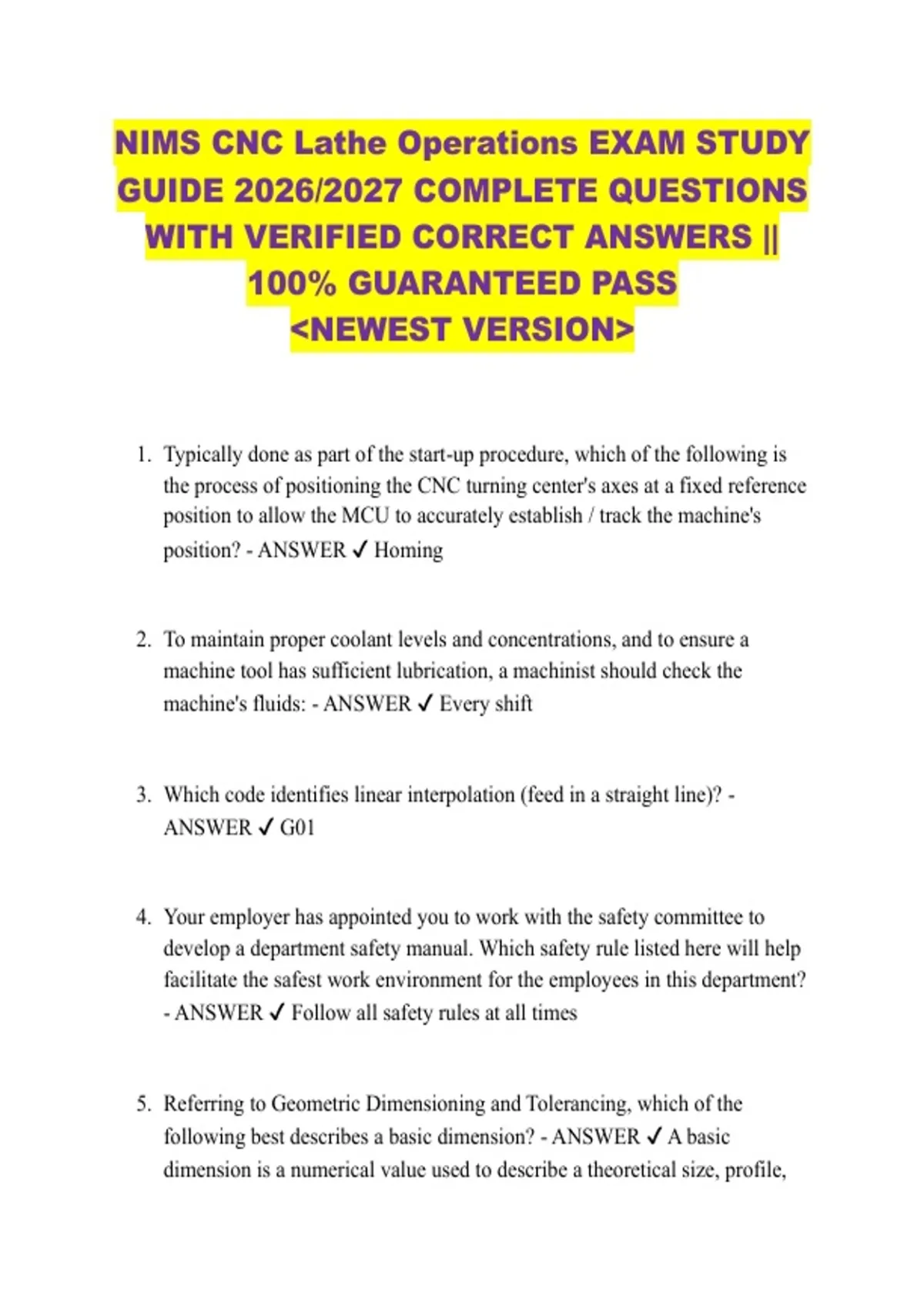 NIMS CNC Lathe Operations EXAM STUDY GUIDE 2026/2027 COMPLETE QUESTIONS ...