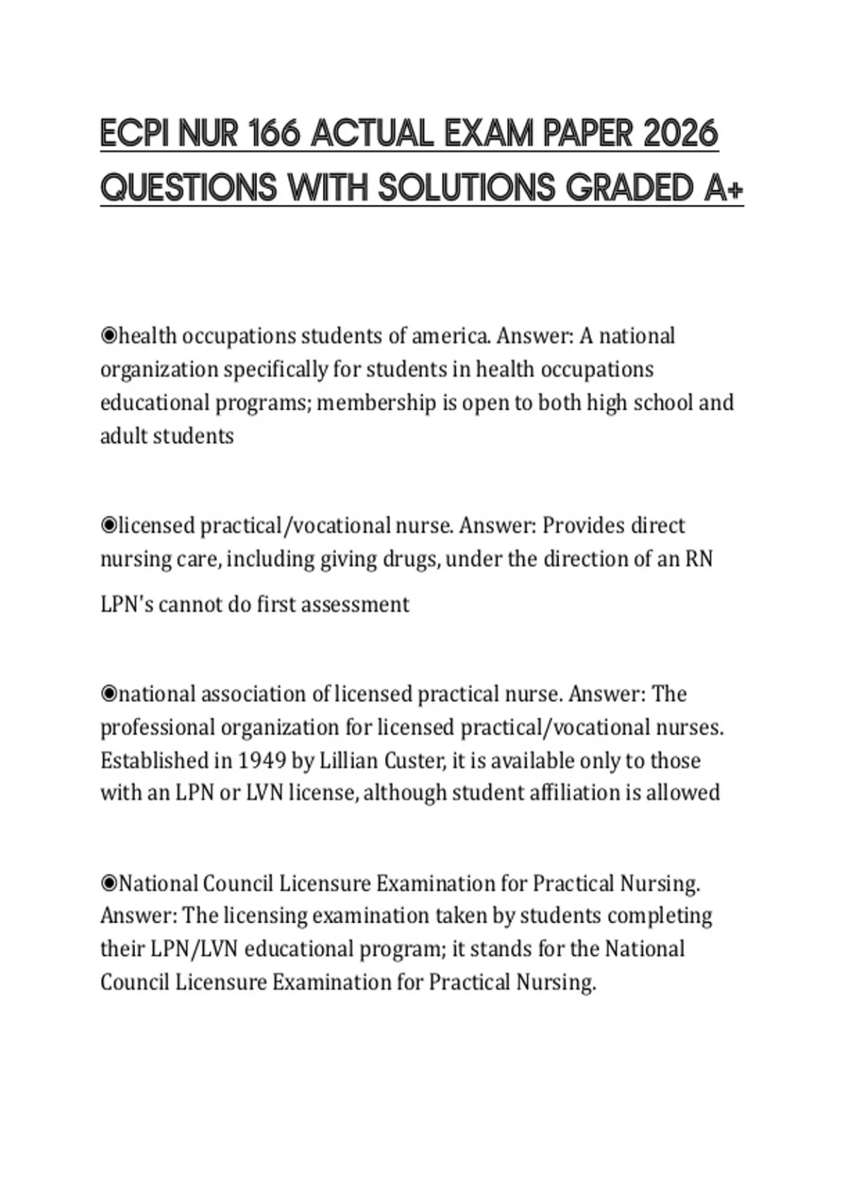 ECPI NUR 166 ACTUAL EXAM PAPER 2026 QUESTIONS WITH SOLUTIONS GRADED A+ ...