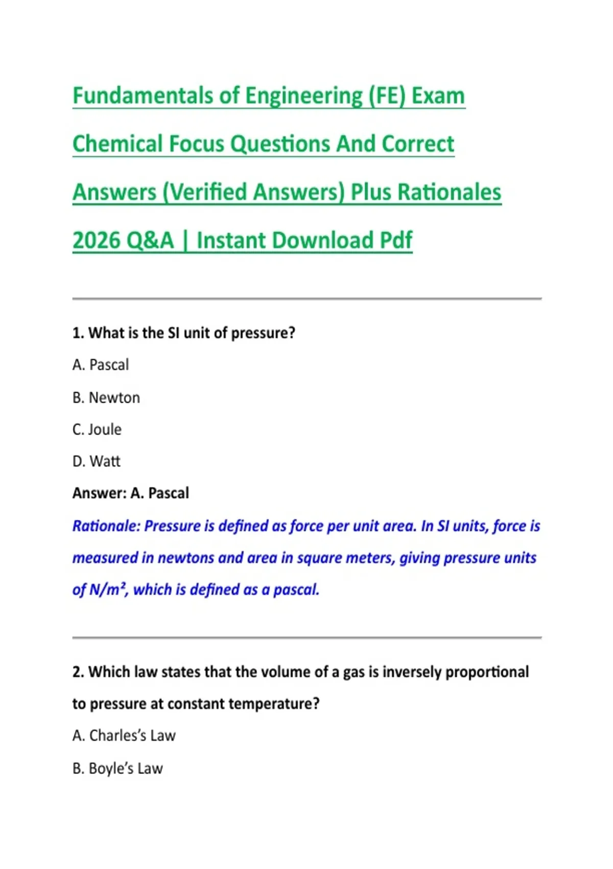 Engineering Fe Example Problems Fundamentals of Engineering (FE) Exam Chemical Focus Questions And ...