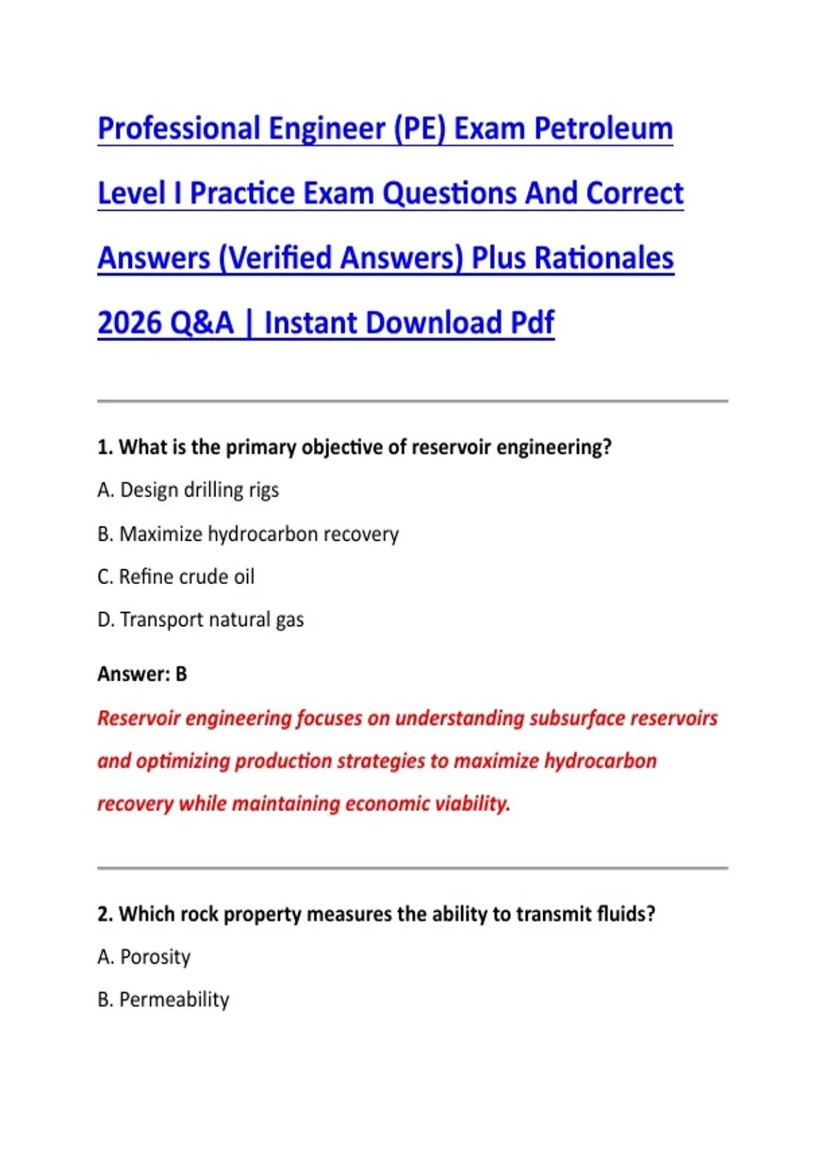 Professional Engineer Questions Professional Engineer (PE) Exam Petroleum Level I Practice Exam ...
